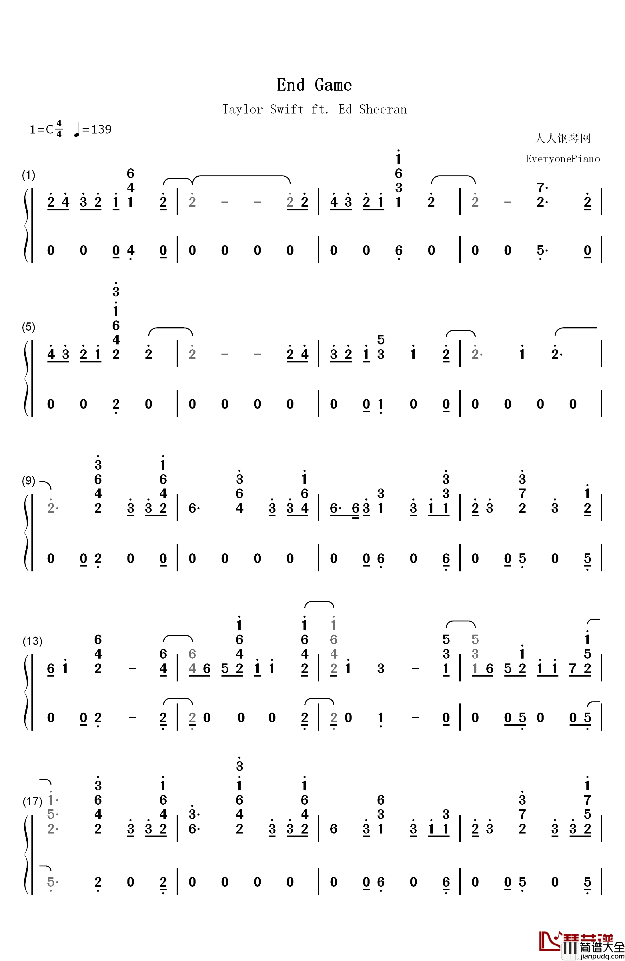 End_Game钢琴简谱_数字双手_Taylor_Swift