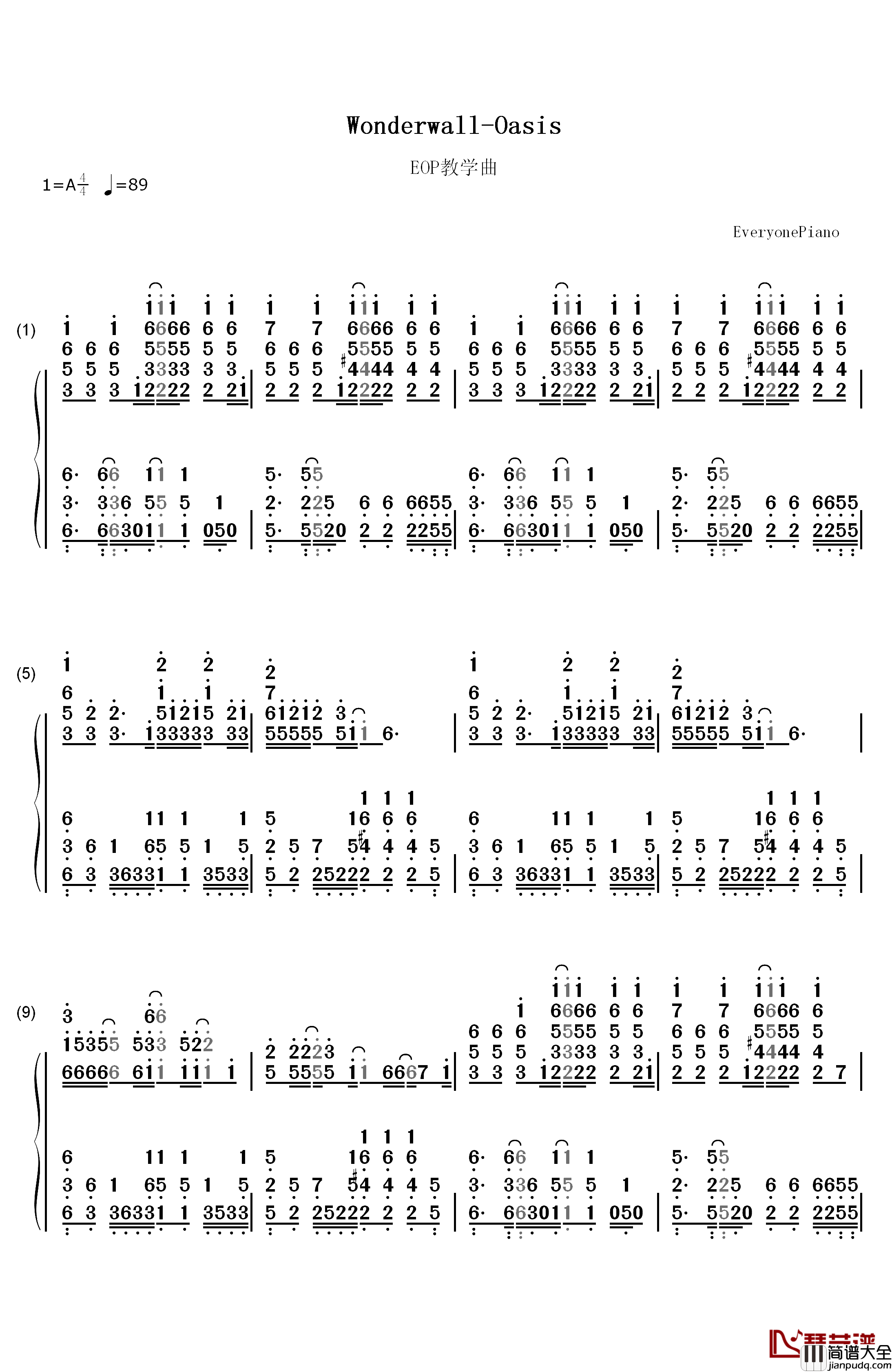 Wonderwall钢琴简谱_数字双手_Oasis