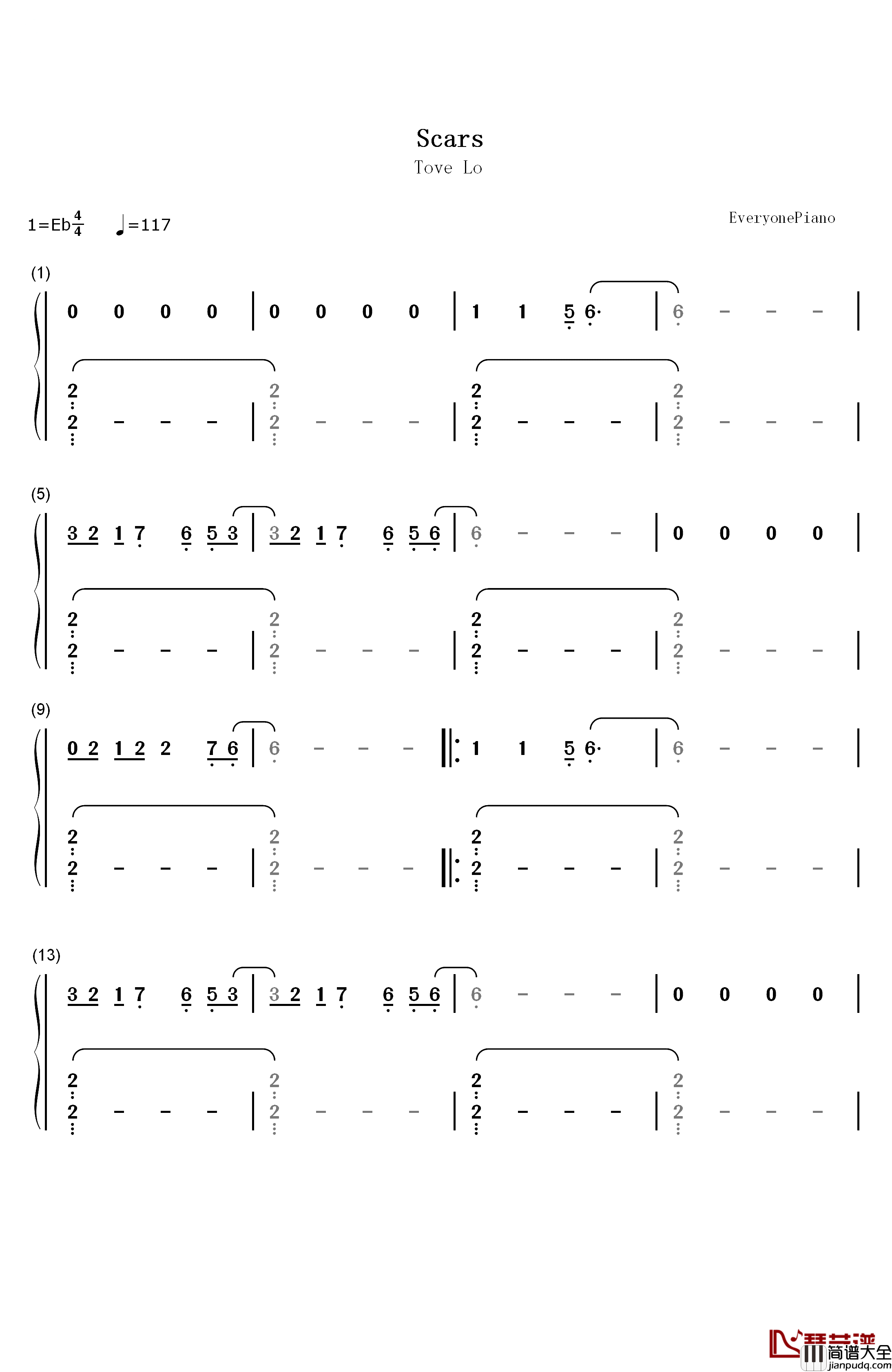 Scars钢琴简谱_数字双手_Tove_Lo