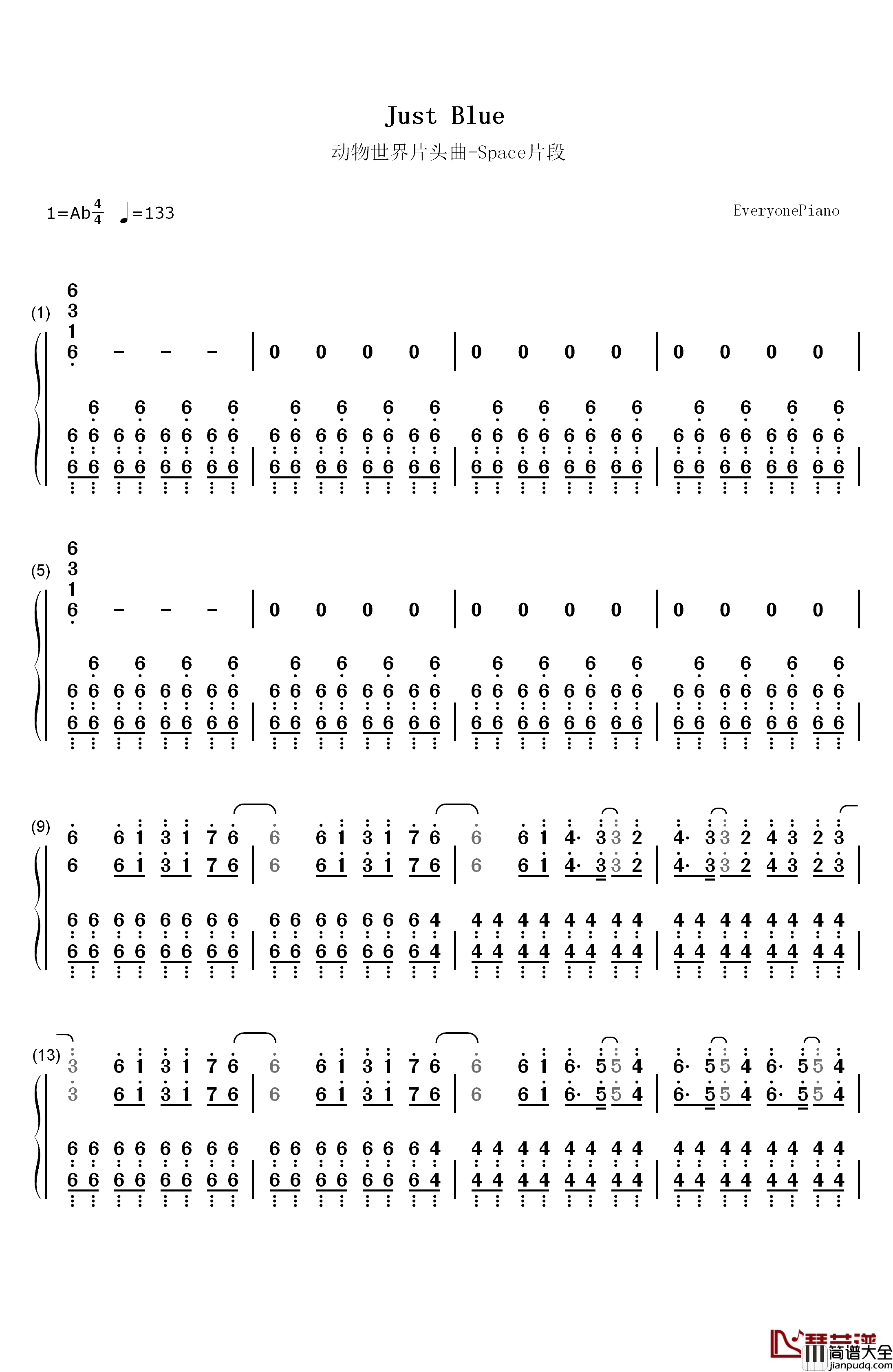 Just_Blue钢琴简谱_数字双手_Space