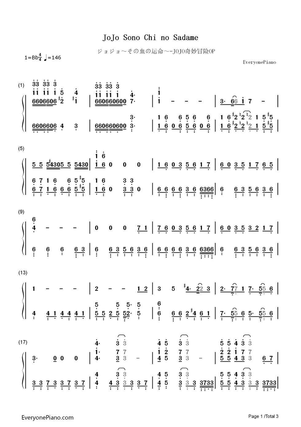 ジョジョ～その血の运命～钢琴简谱_数字双手_富永TOMMY弘明