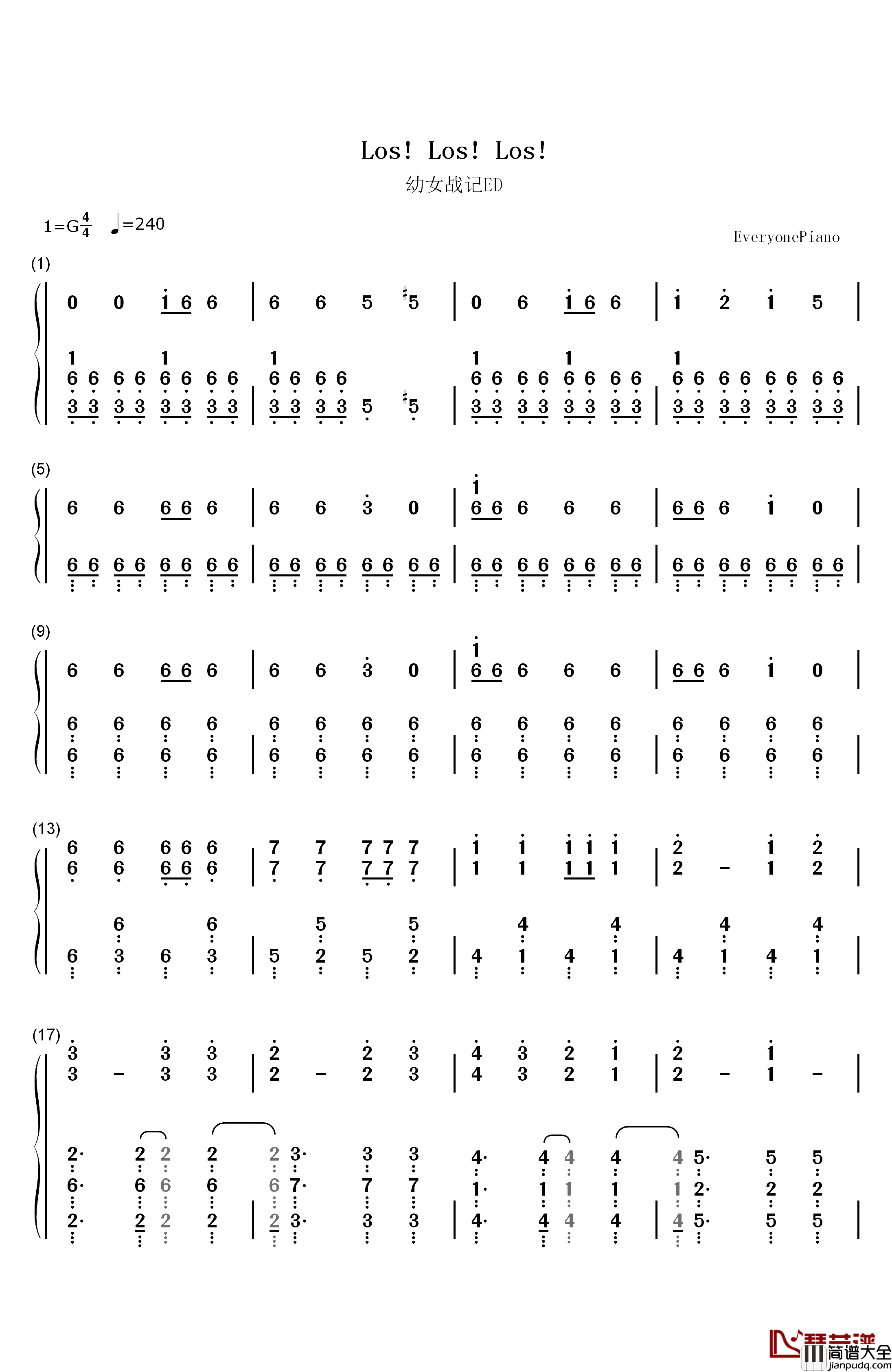 Los!_Los!_Los!钢琴简谱_数字双手_谭雅•提古雷查夫（CV：悠木碧）