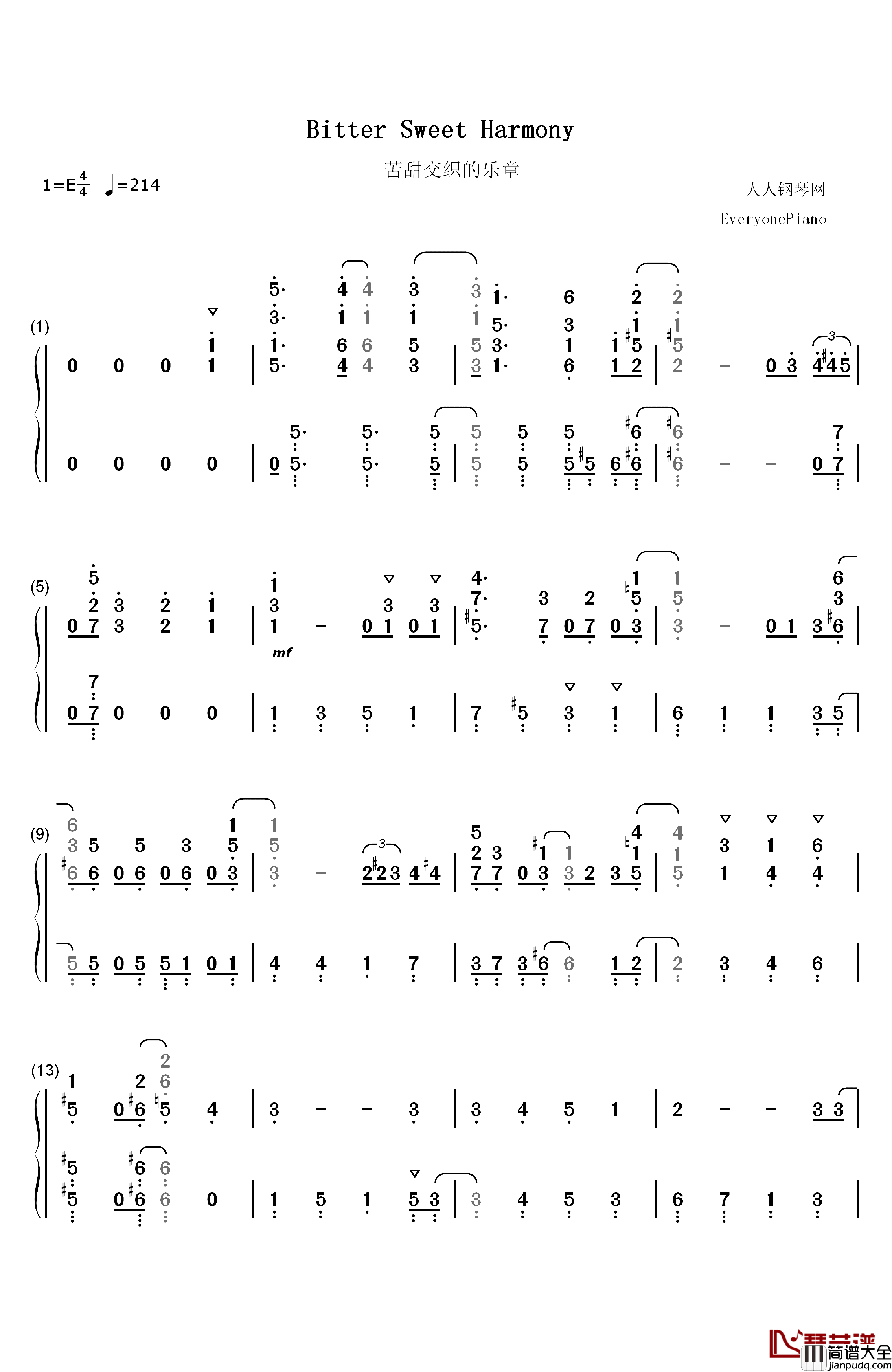 Bitter_Sweet_Harmony钢琴简谱_数字双手_中岛爱