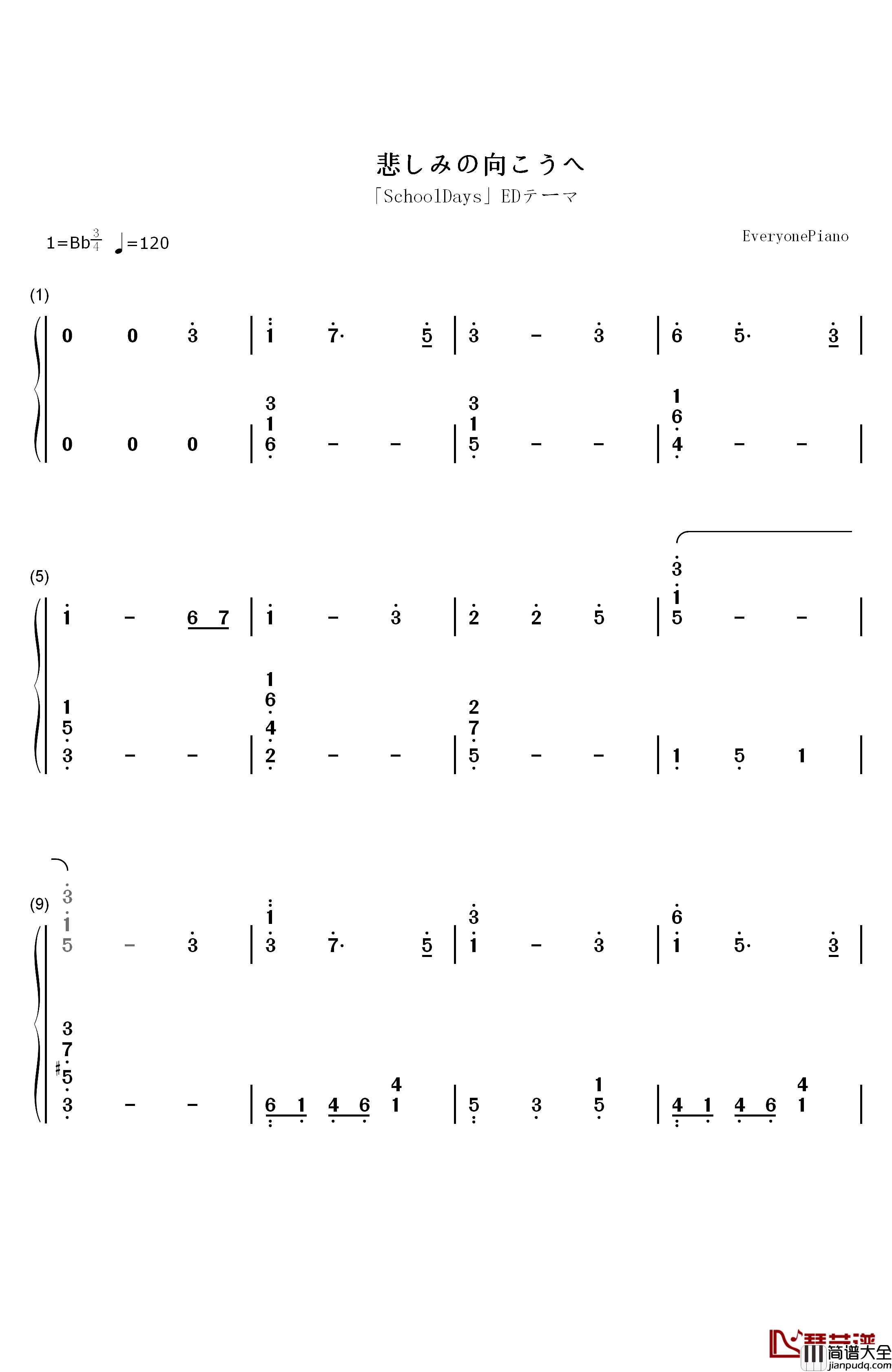 悲しみの向こうへ钢琴简谱_数字双手_いとうかなこ