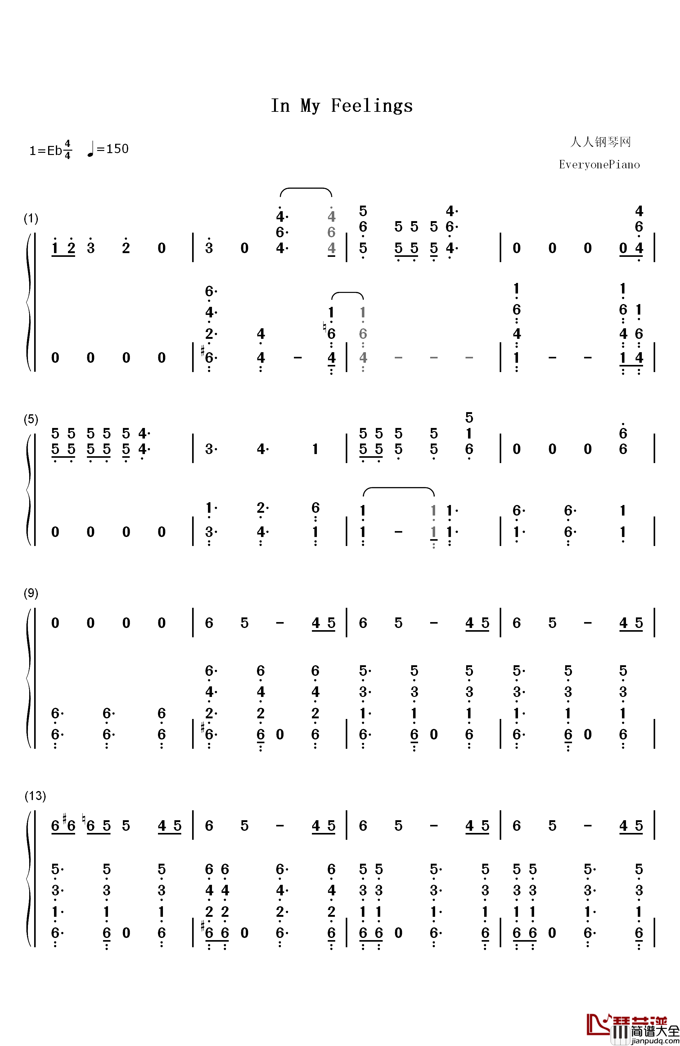 In_My_Feelings钢琴简谱_数字双手_Drake