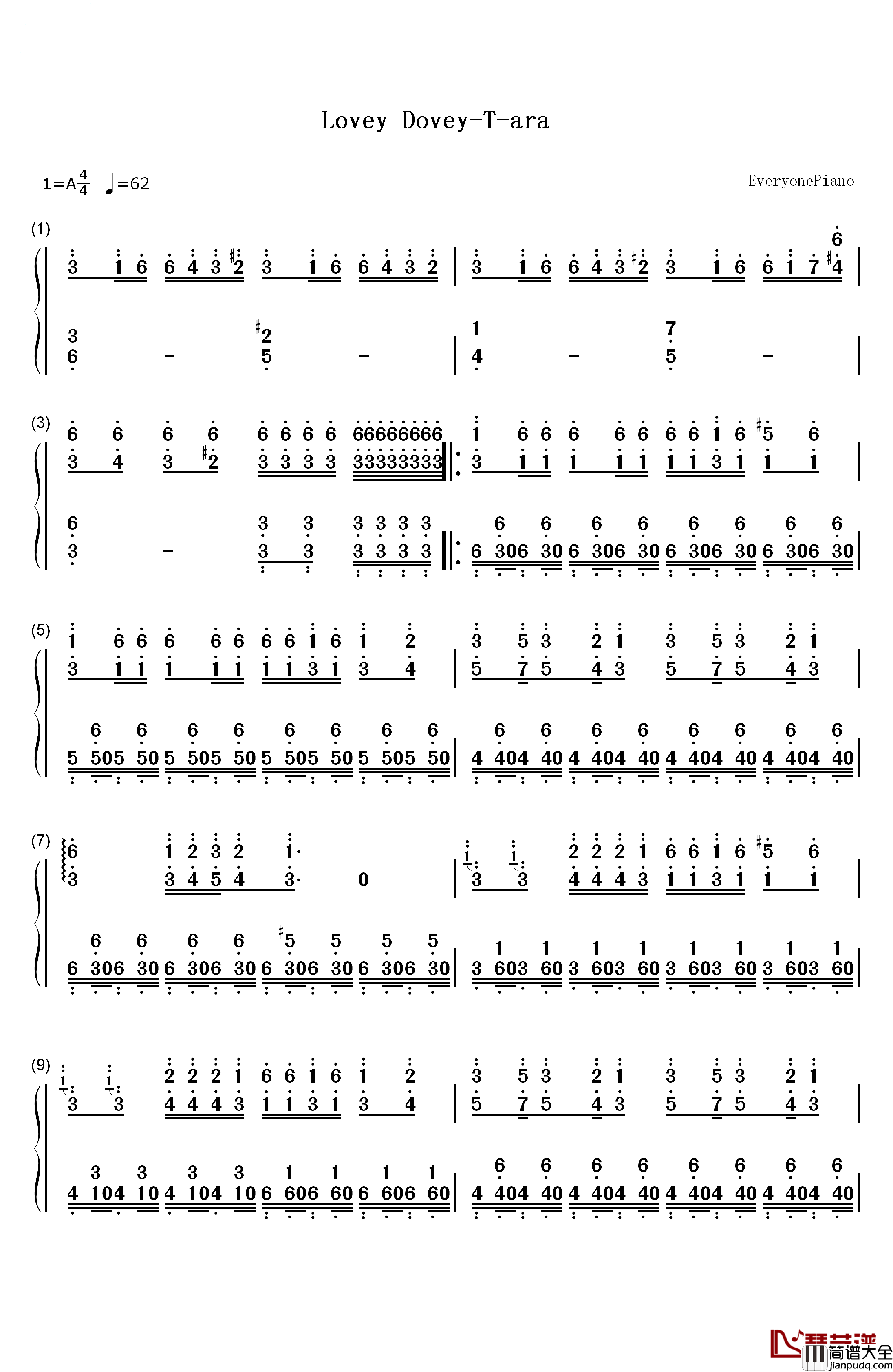 Lovey_Dovey钢琴简谱_数字双手_T_ara