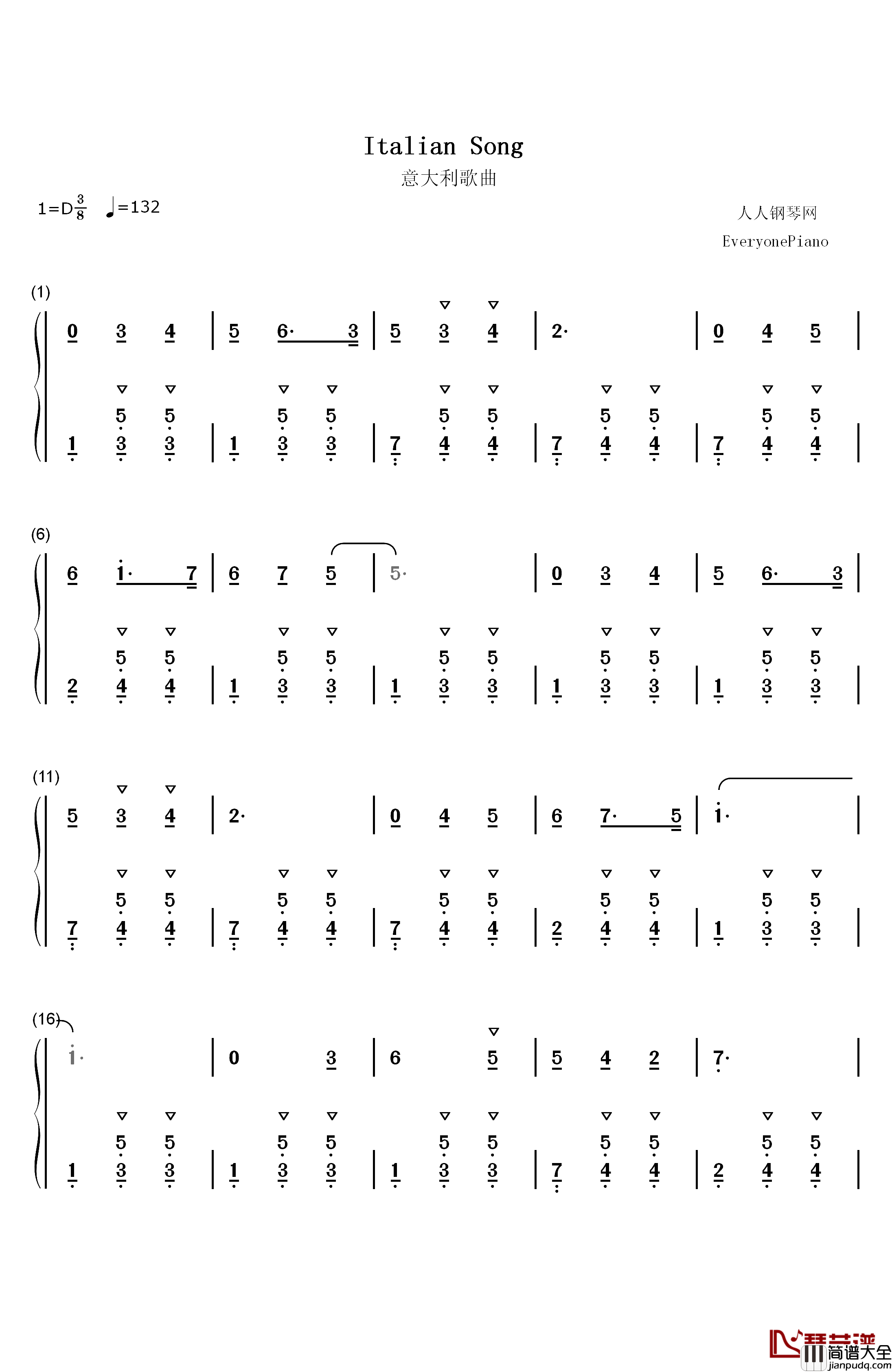 意大利歌曲钢琴简谱_数字双手_柴可夫斯基