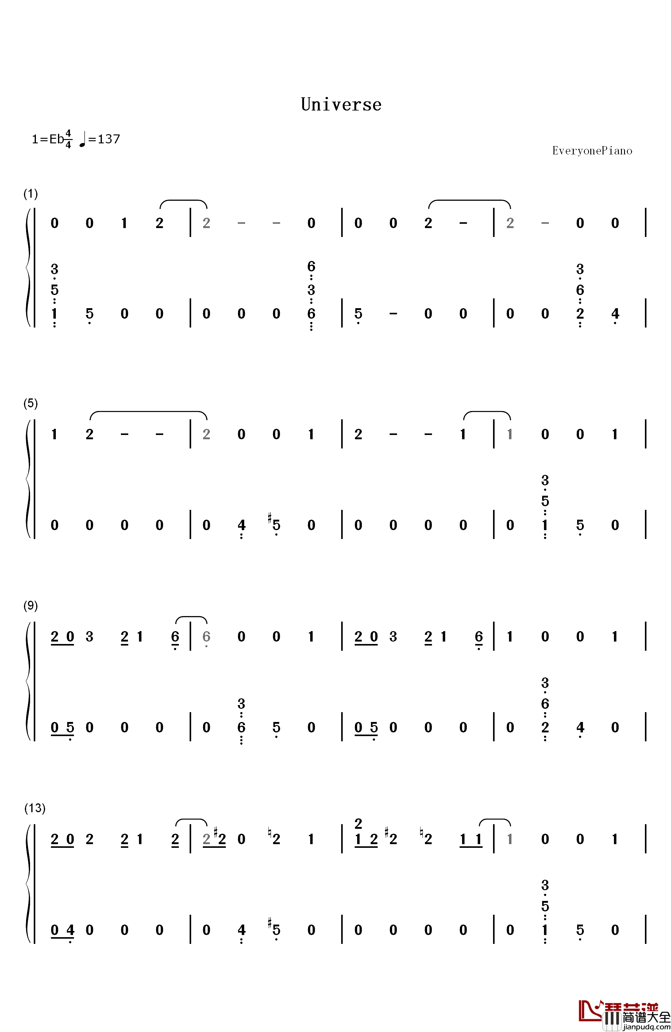 Universe钢琴简谱_数字双手_EXO