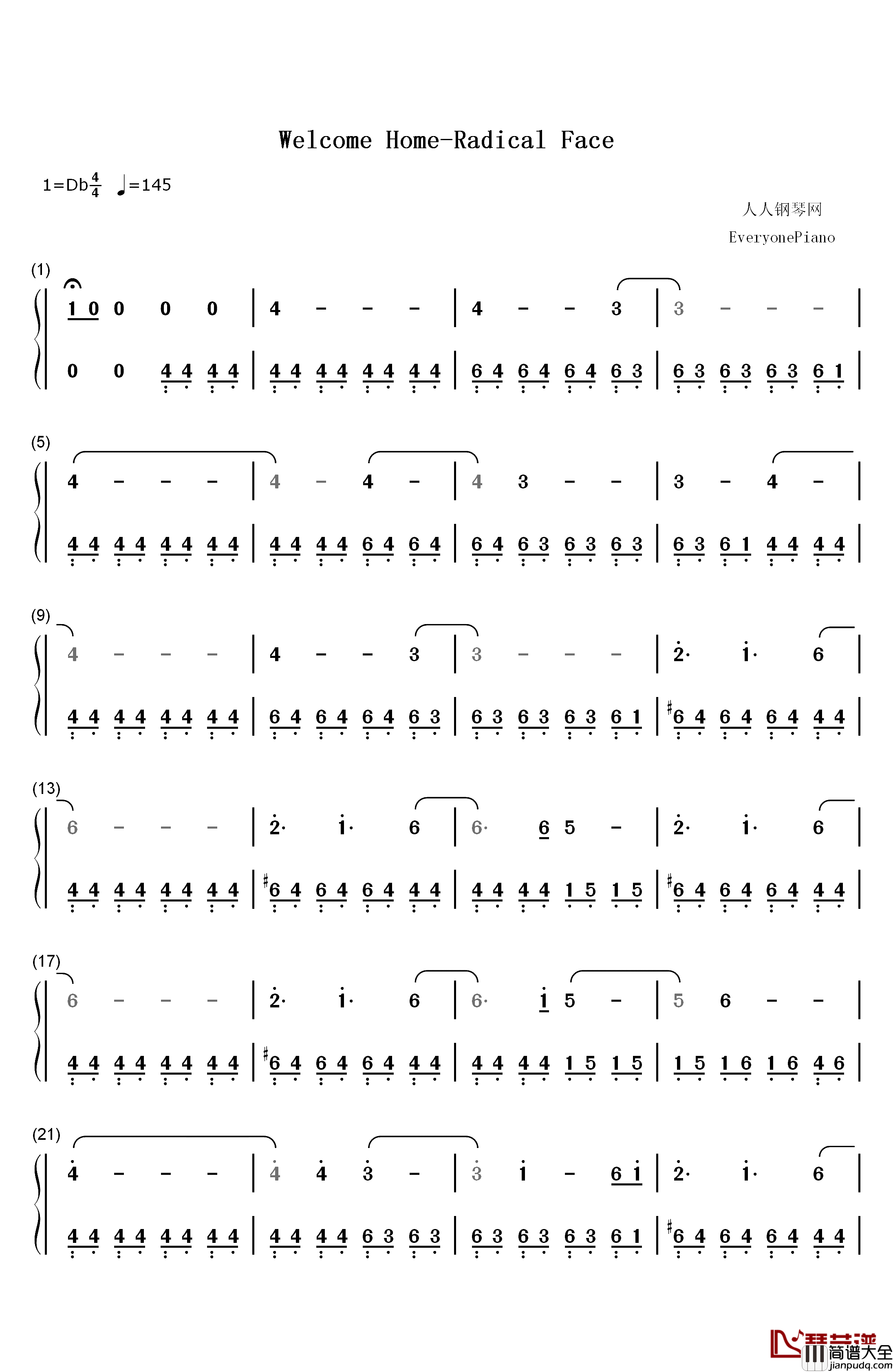 Welcome_Home钢琴简谱_数字双手_Radical_Face