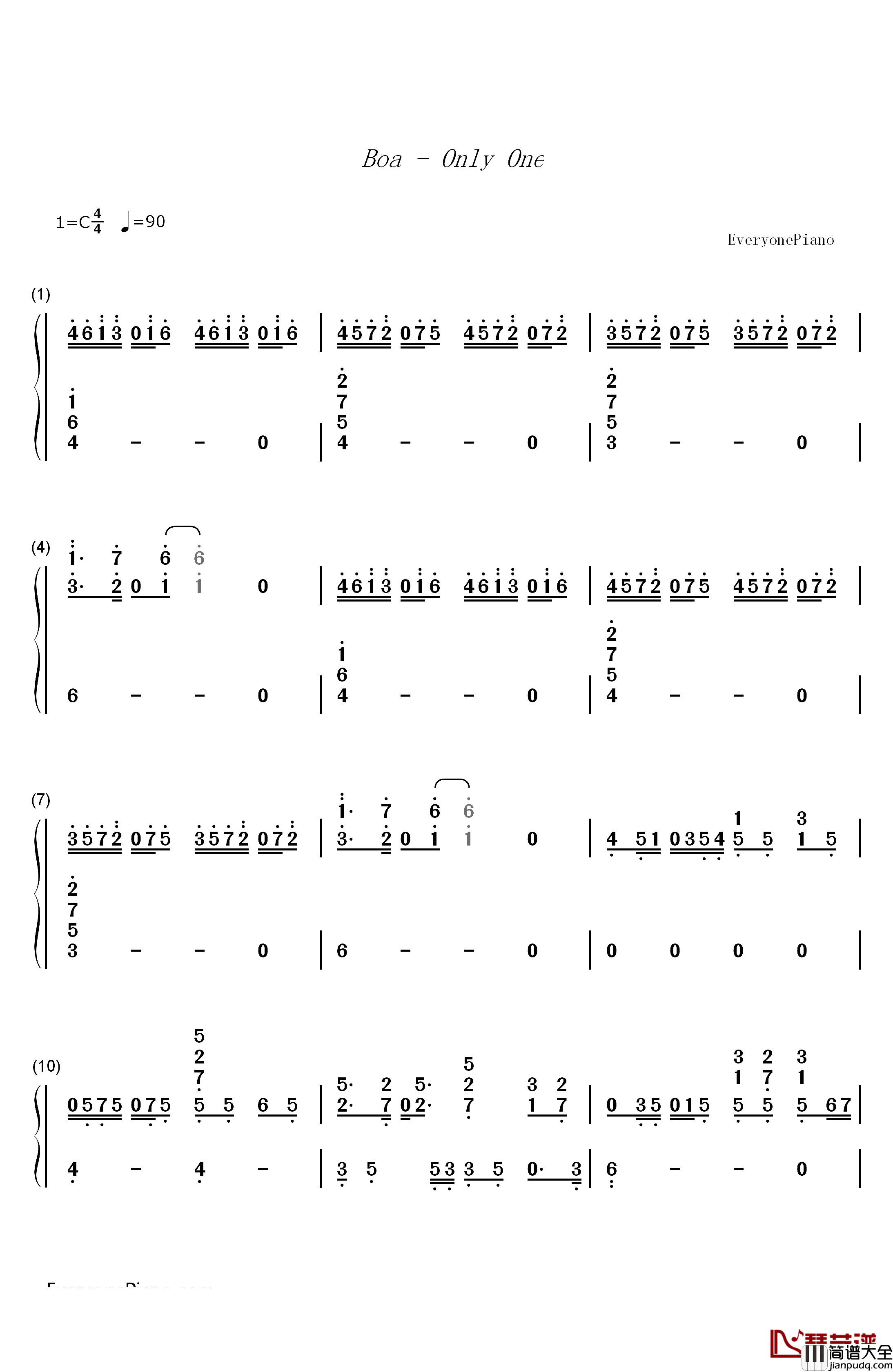 Only_One_钢琴简谱_数字双手_BoA（宝儿）