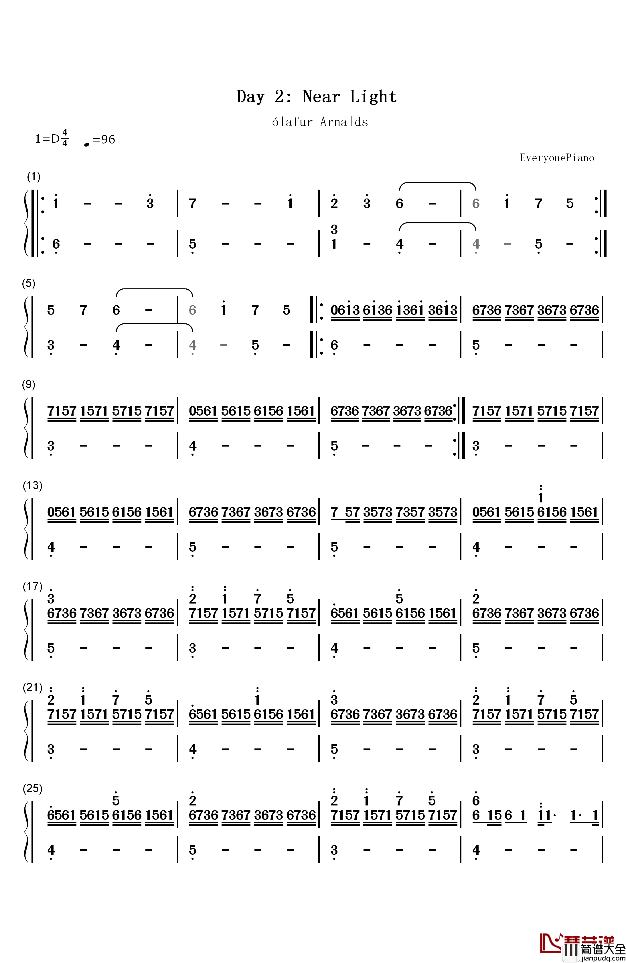 Day_2_Near_Light钢琴简谱_数字双手_ólafur_Arnalds