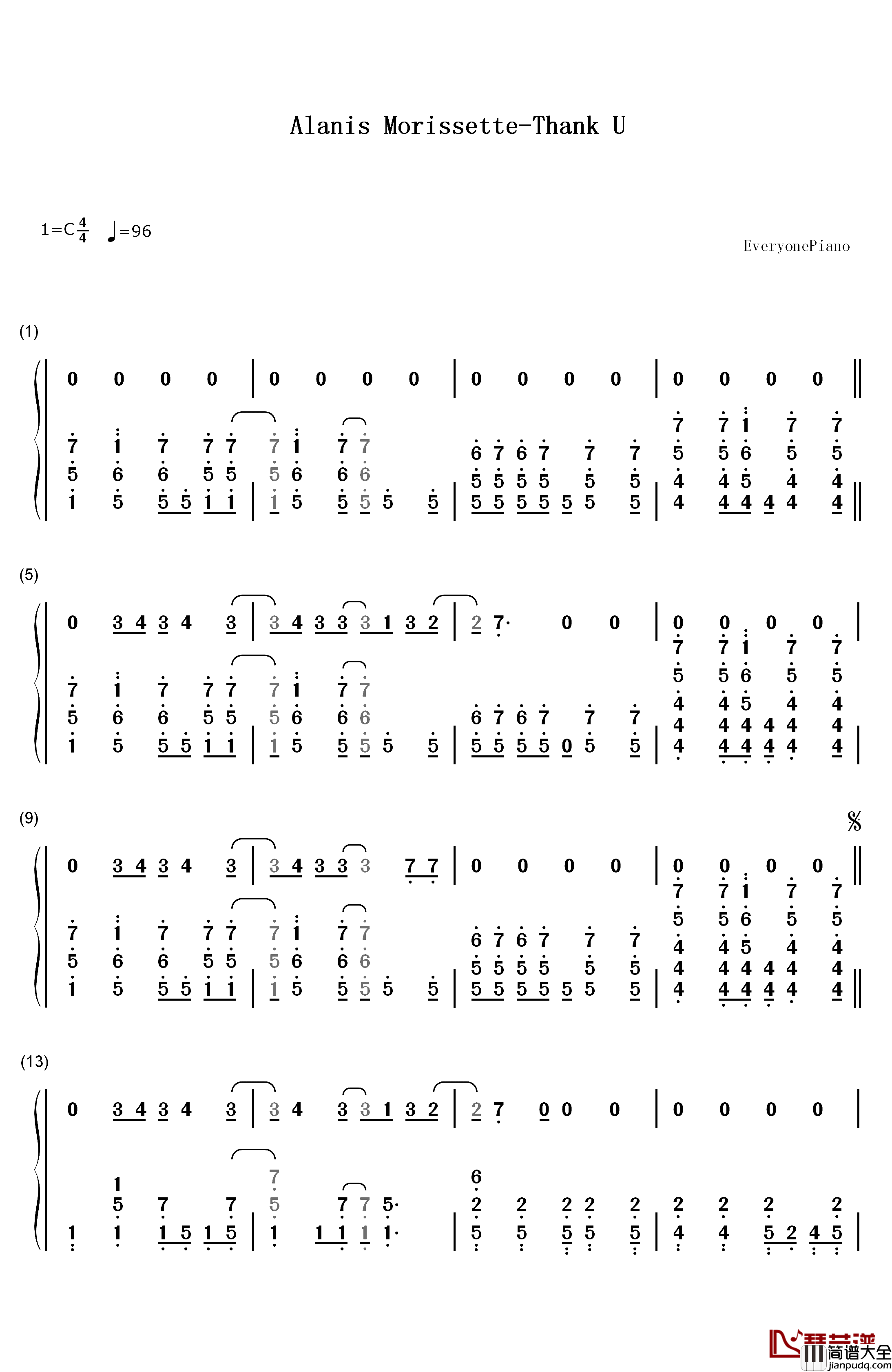 Thank_U钢琴简谱_数字双手_Alanis_Morissette