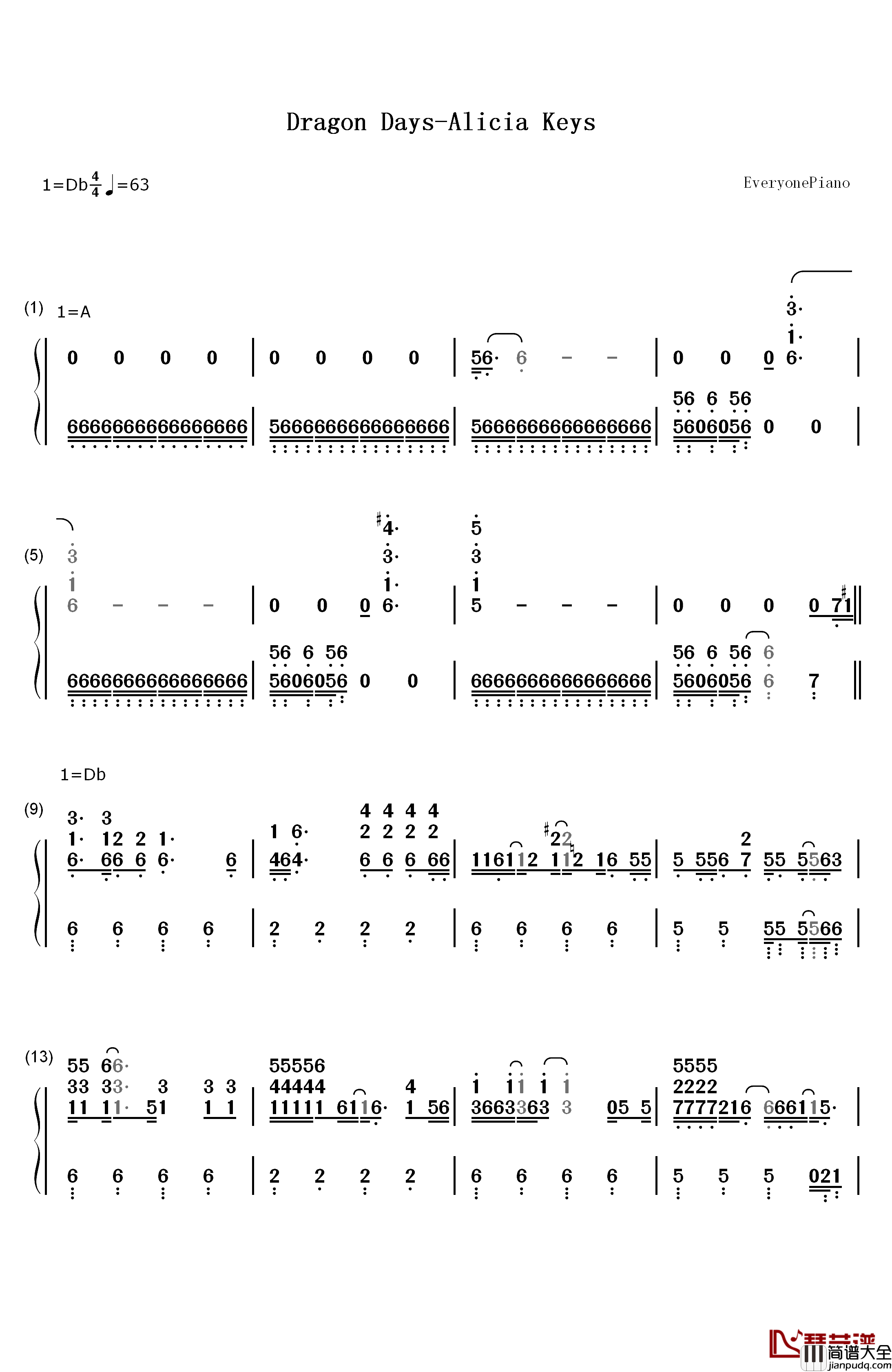 Dragon_Days钢琴简谱_数字双手_Alicia_Keys