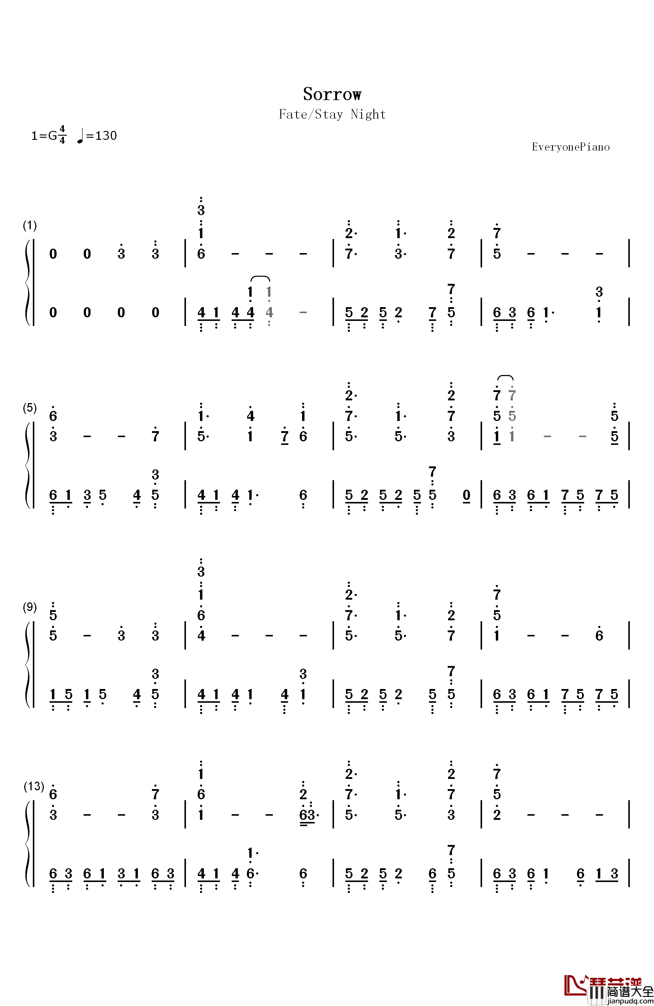 Sorrow钢琴简谱_数字双手_川井宪次