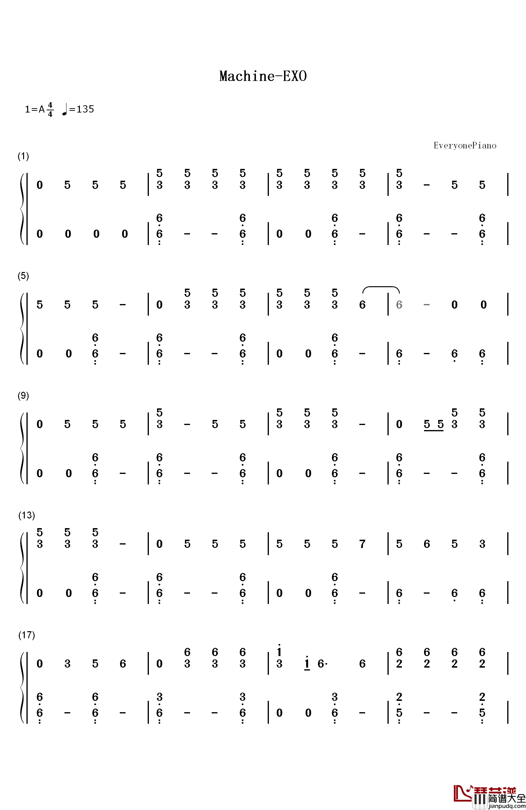 Machine钢琴简谱_数字双手_Exo