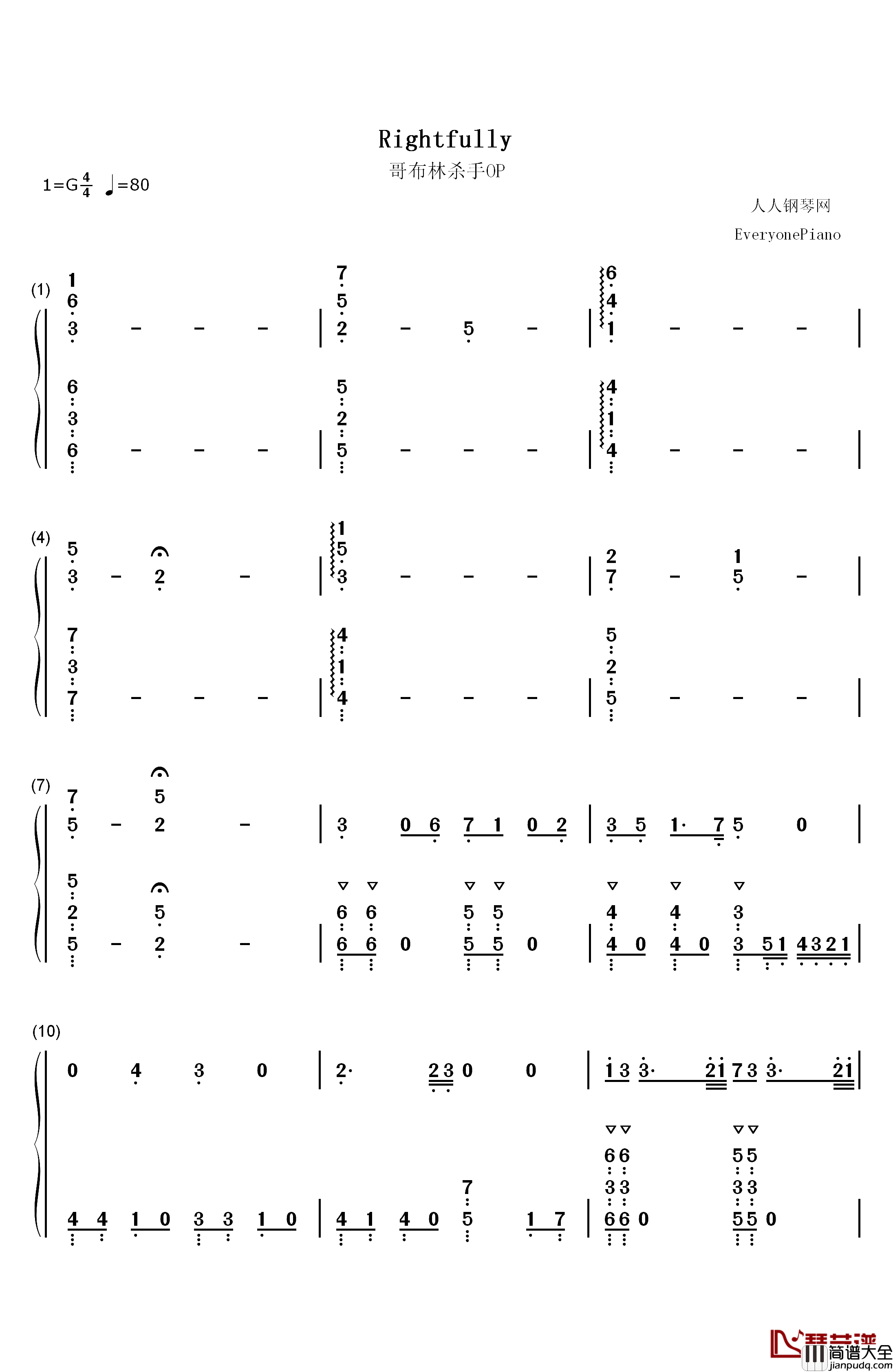 Rightfully钢琴简谱_数字双手_Mili