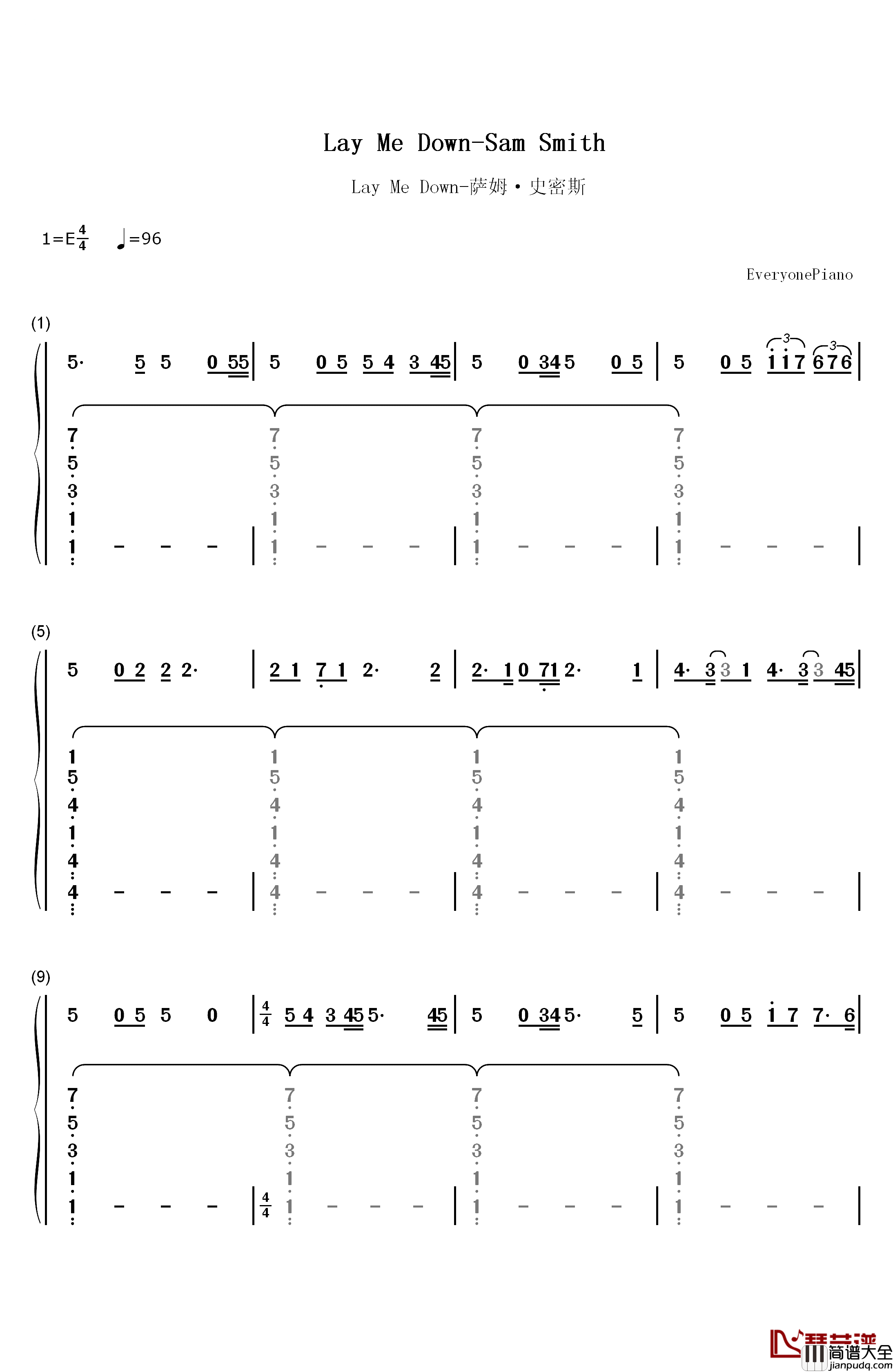 Lay_Me_Down钢琴简谱_数字双手_Sam_Smith