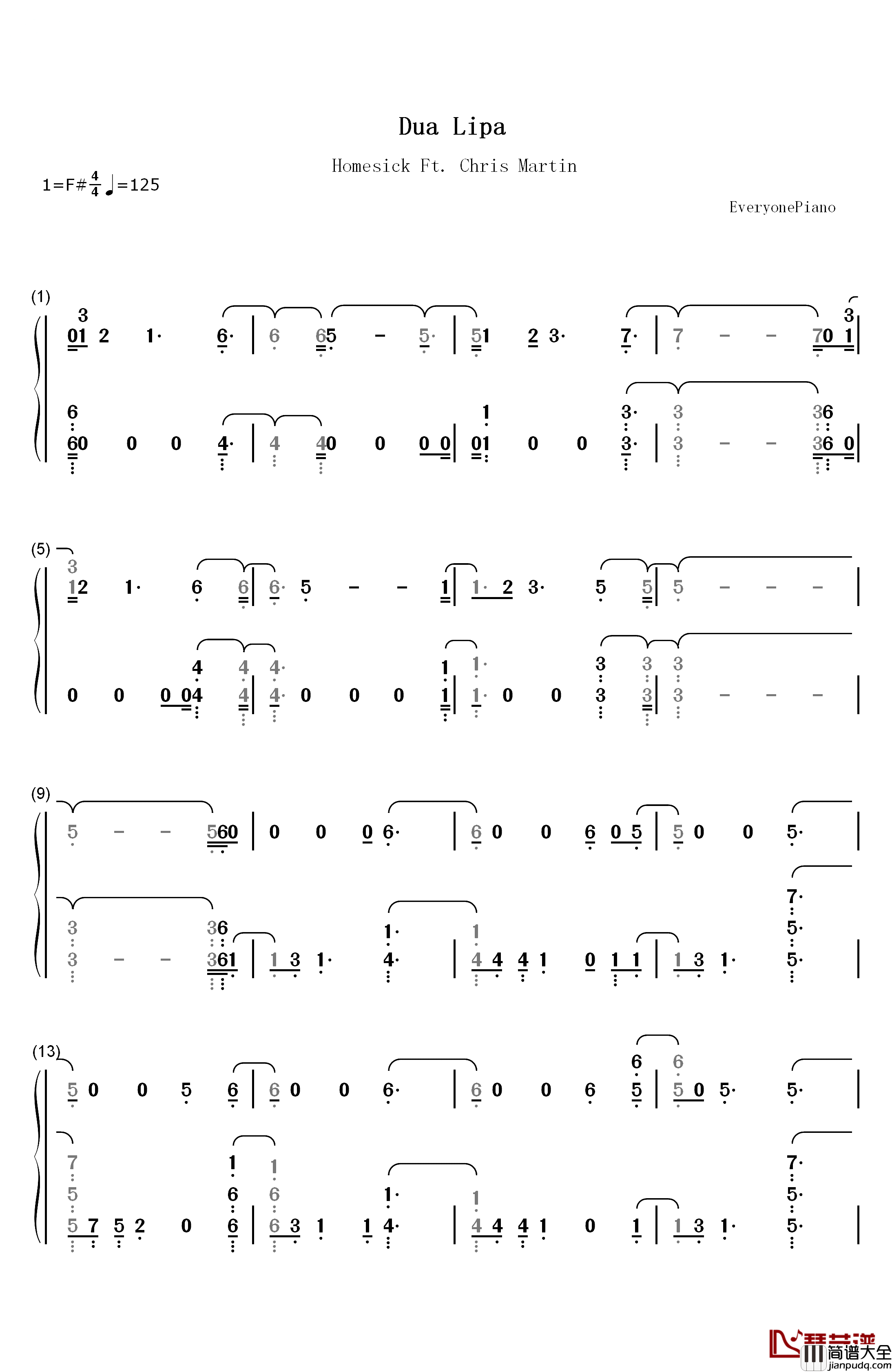 Homesick钢琴简谱_数字双手_Dua_Lipa