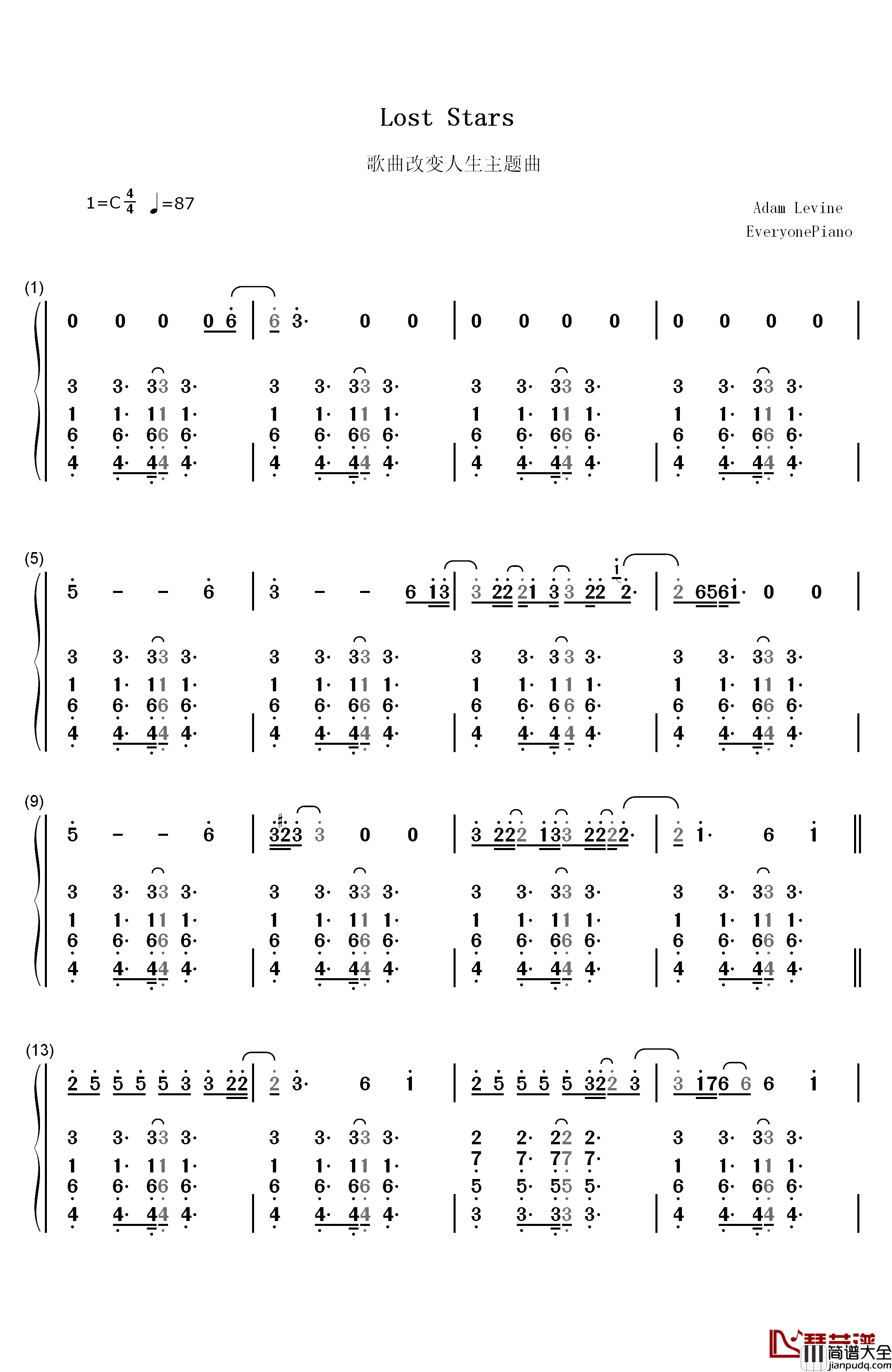 Lost_Stars钢琴简谱_数字双手_Adam_Levine