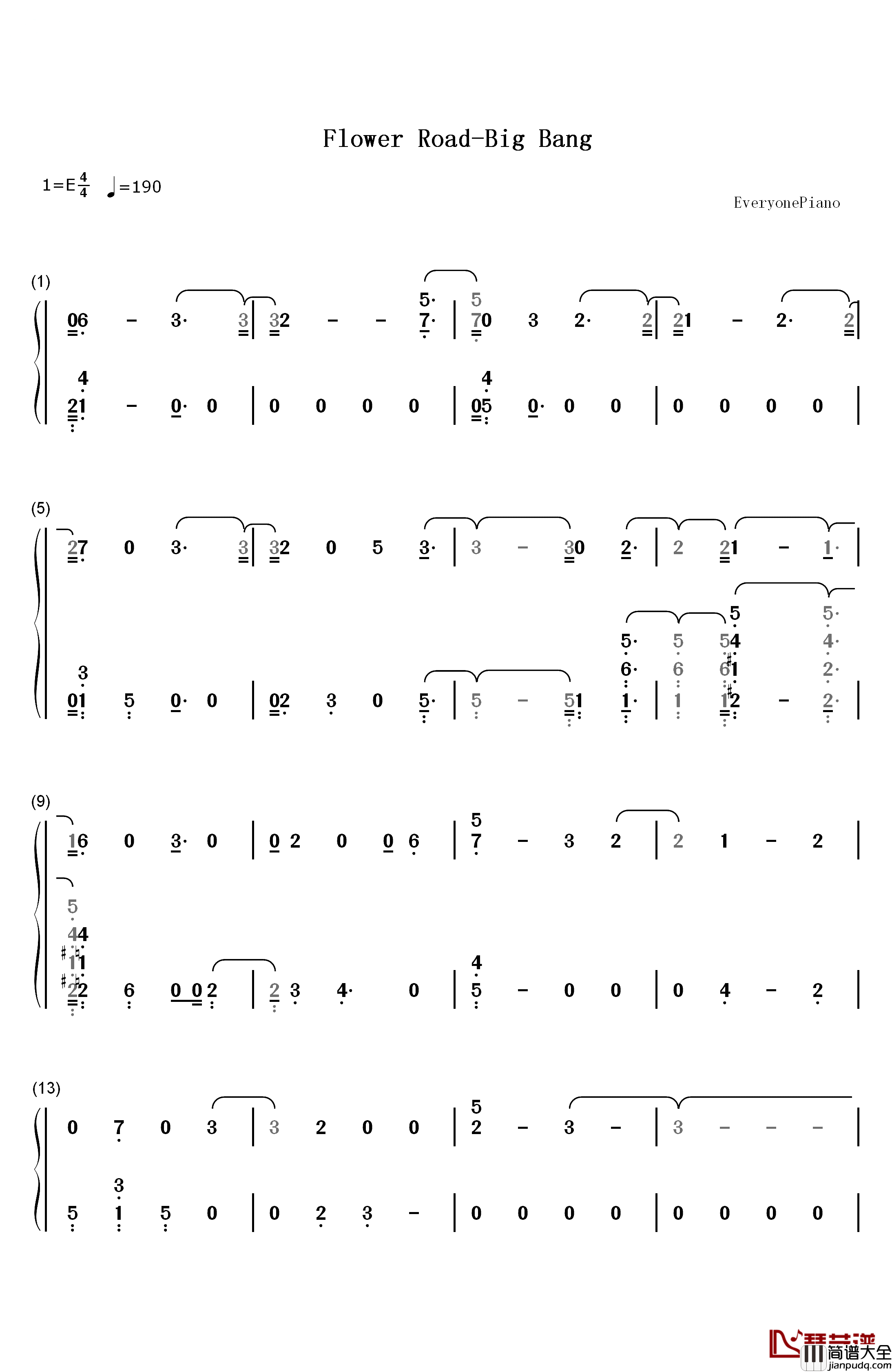 Flower_Road钢琴简谱_数字双手_Big_Bang