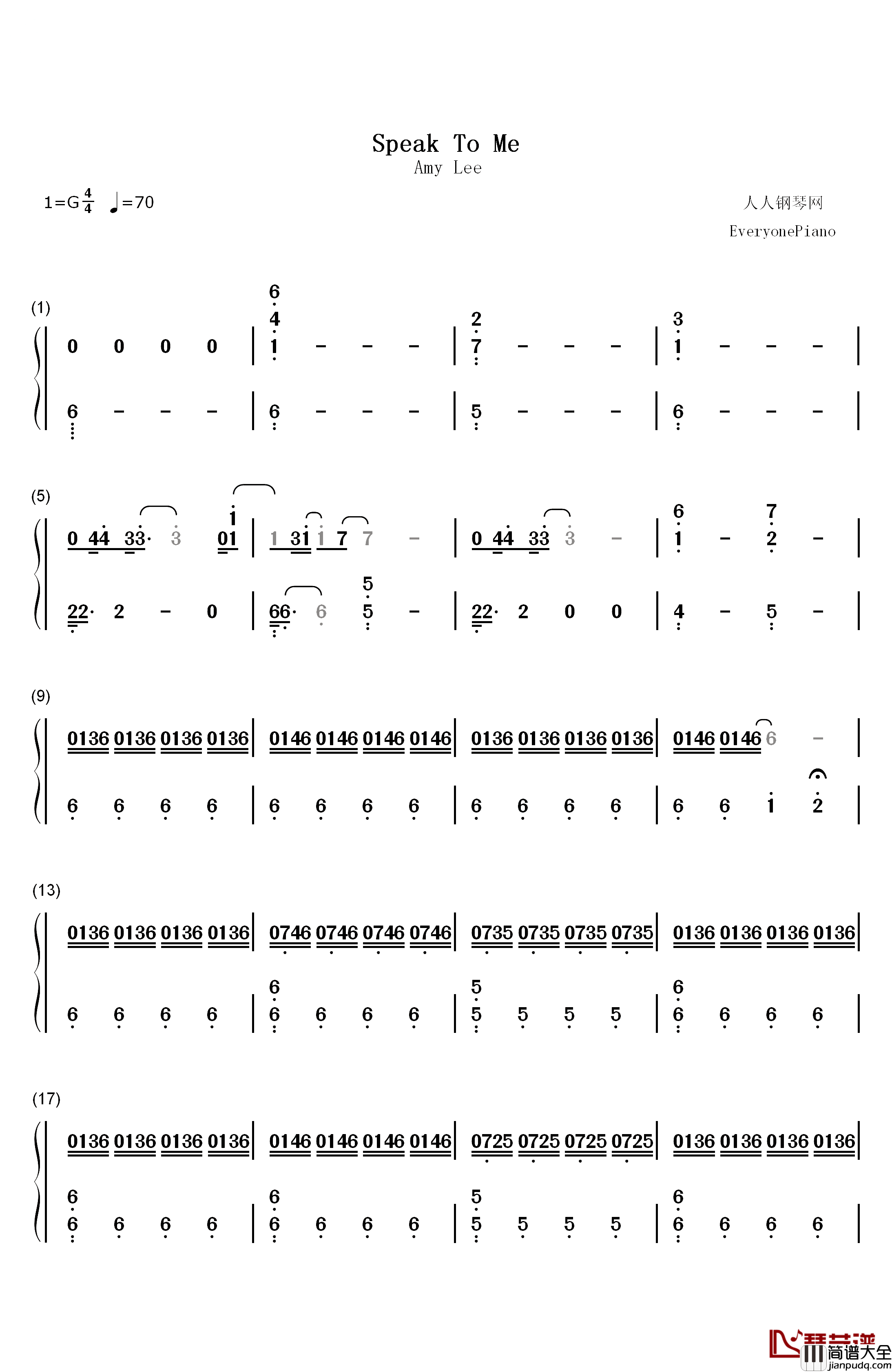 Speak_to_Me钢琴简谱_数字双手_Amy_Lee