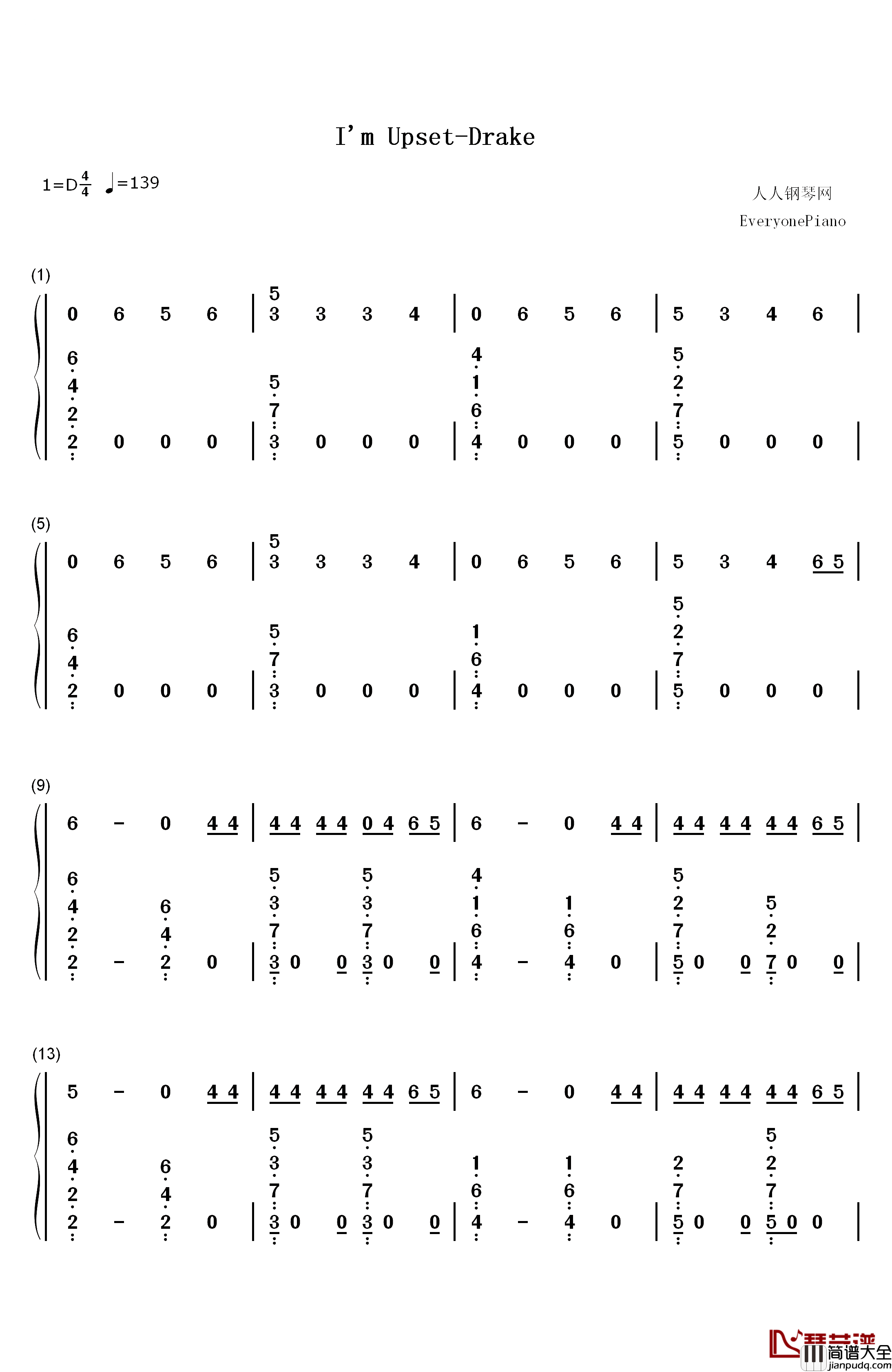 I'm_Upset钢琴简谱_数字双手_Drake