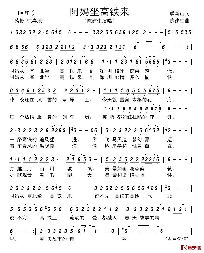 阿妈坐高铁来____简谱_季新山词/陈建生曲陈建生_