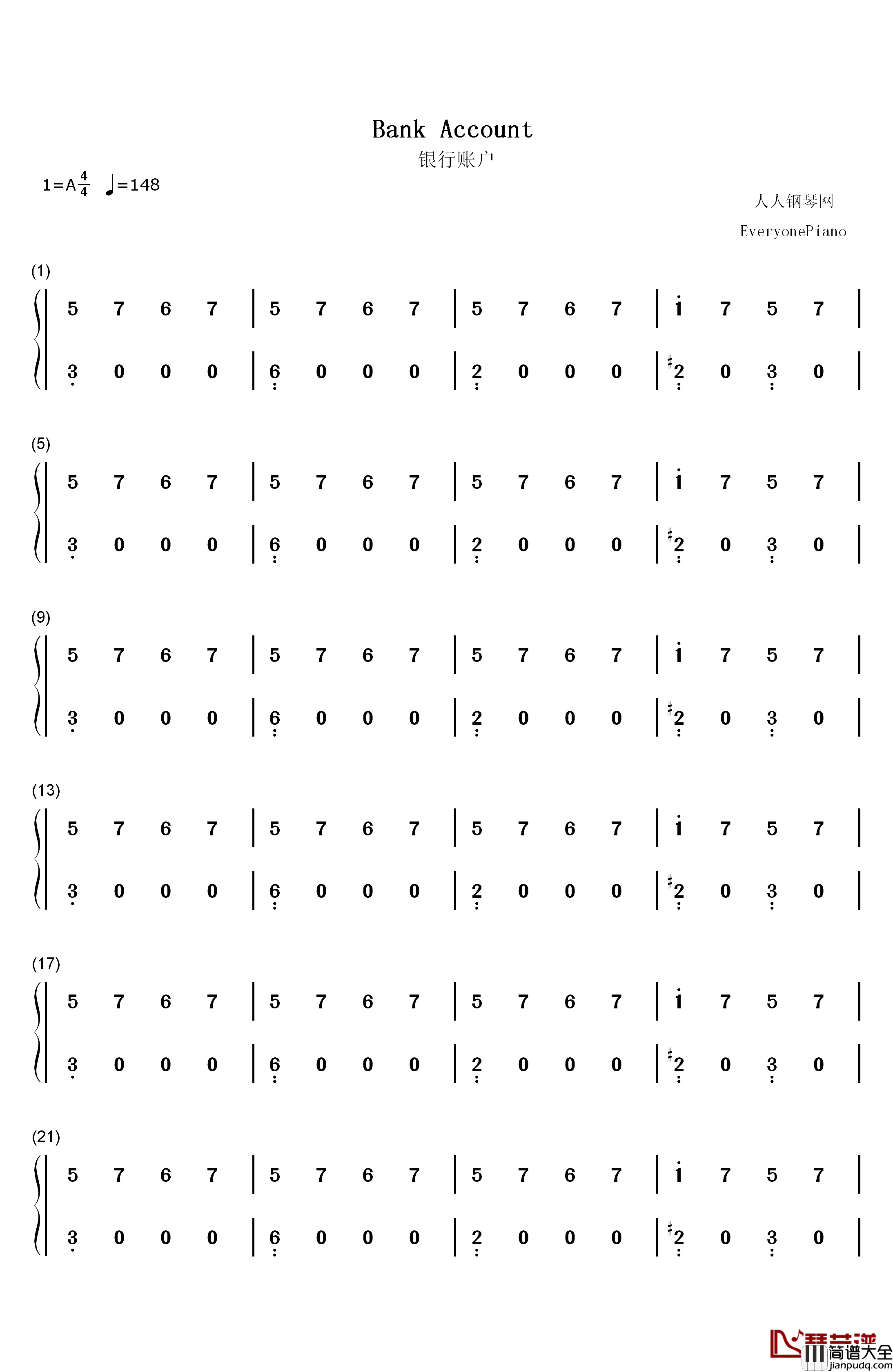 Bank_Account钢琴简谱_数字双手_21_Savage