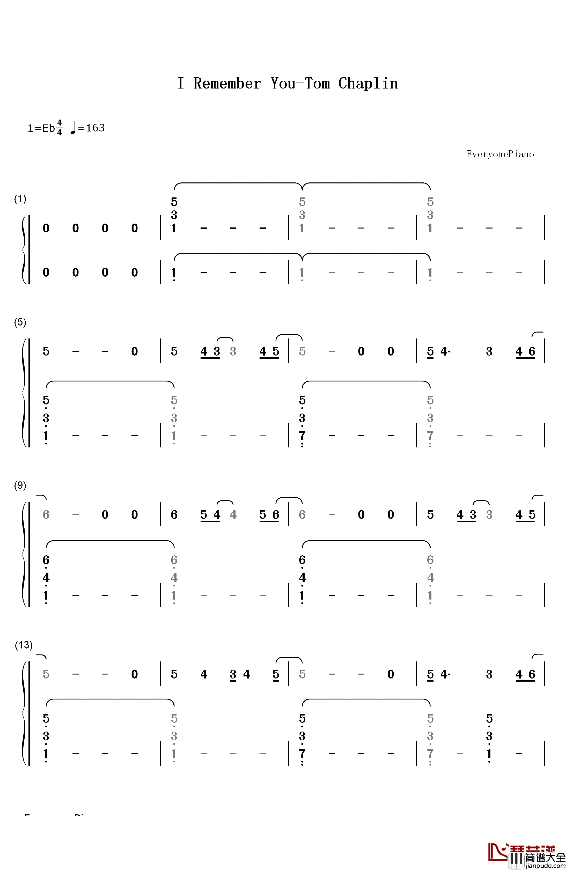 I_Remember_You钢琴简谱_数字双手_Tom_Chaplin