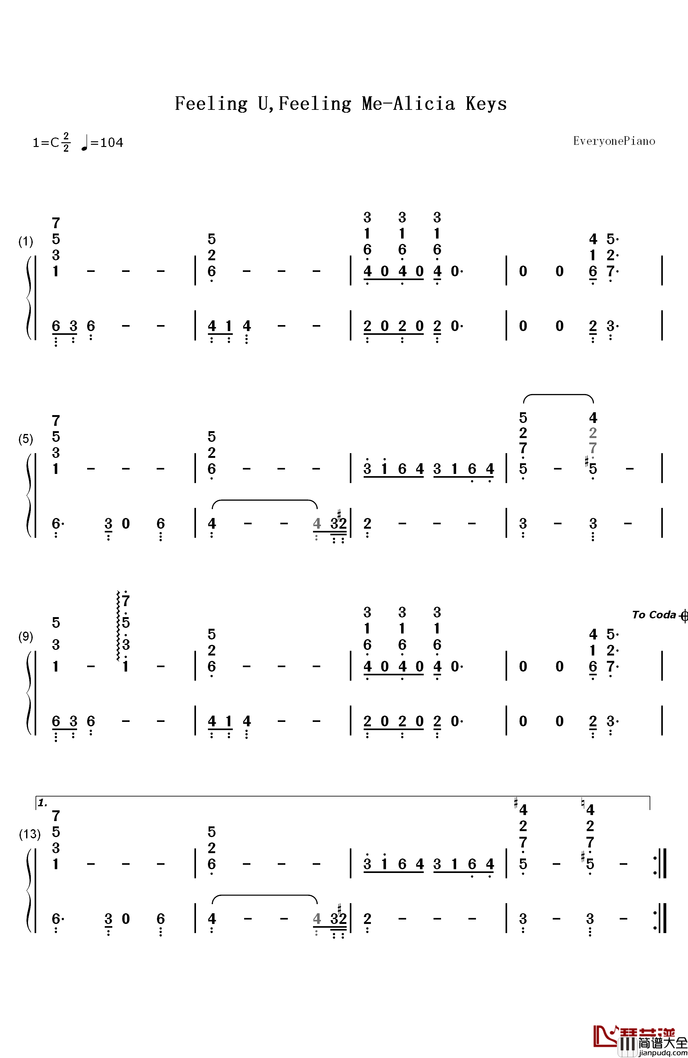Feeling_U_Feeling_Me钢琴简谱_数字双手_Alicia_Keys