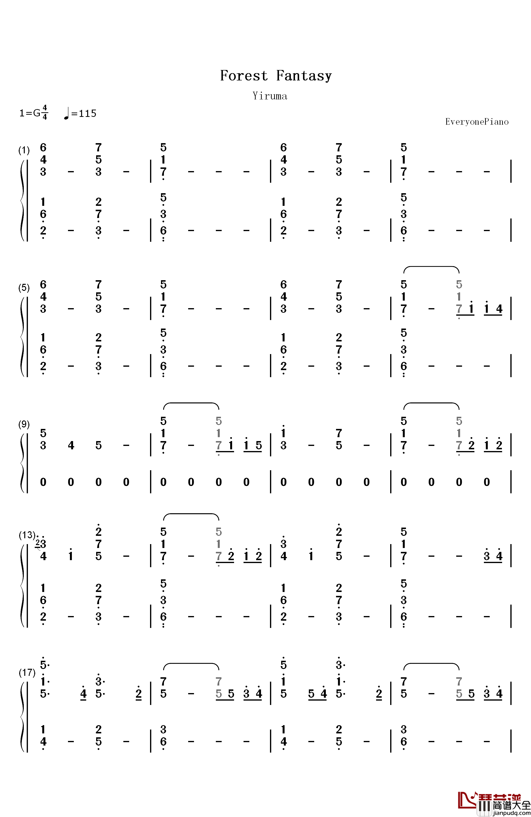 Forest_Fantasy钢琴简谱_数字双手_Yiruma李闰珉