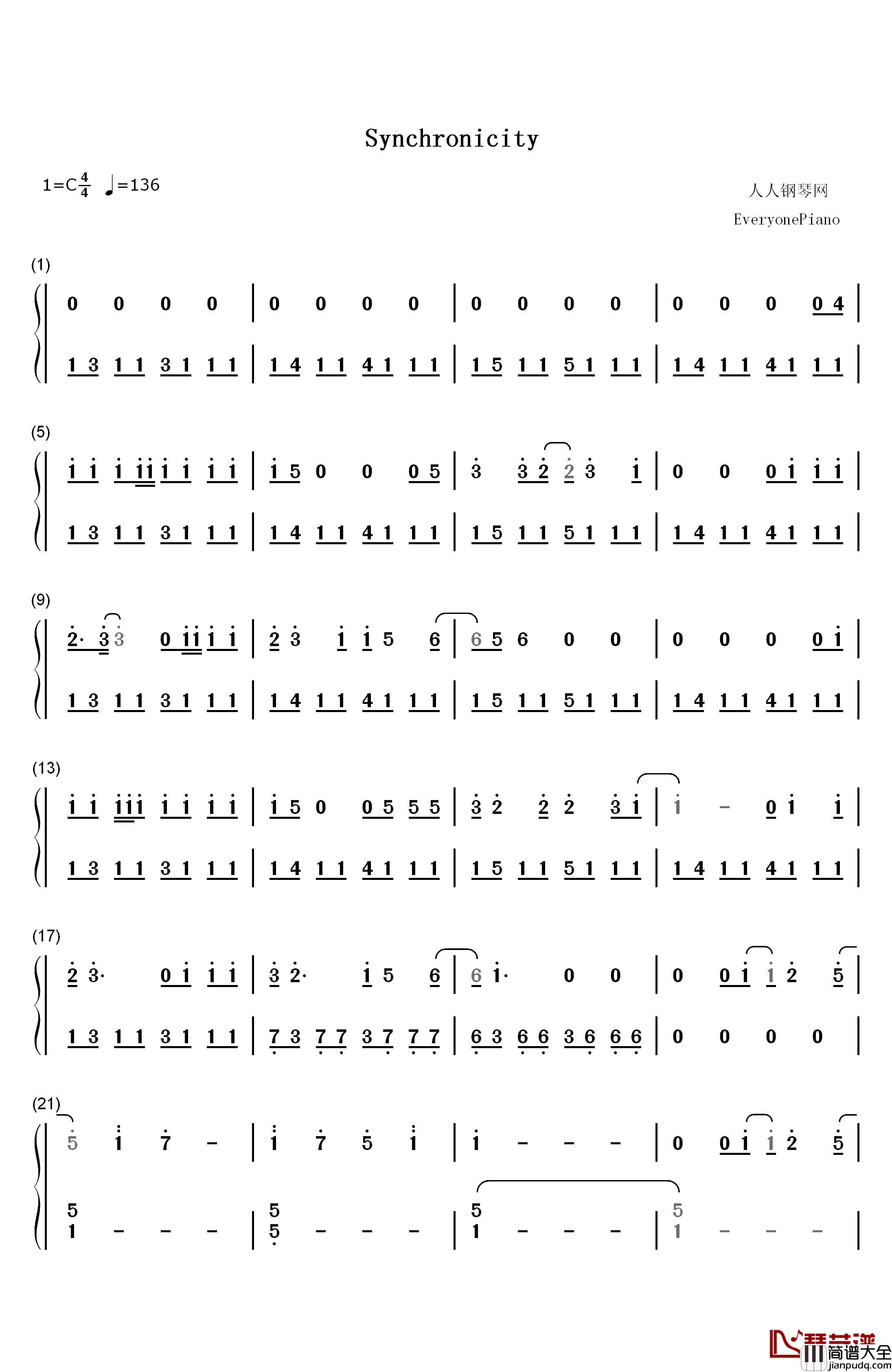 シンクロニシティ钢琴简谱_数字双手_乃木坂46