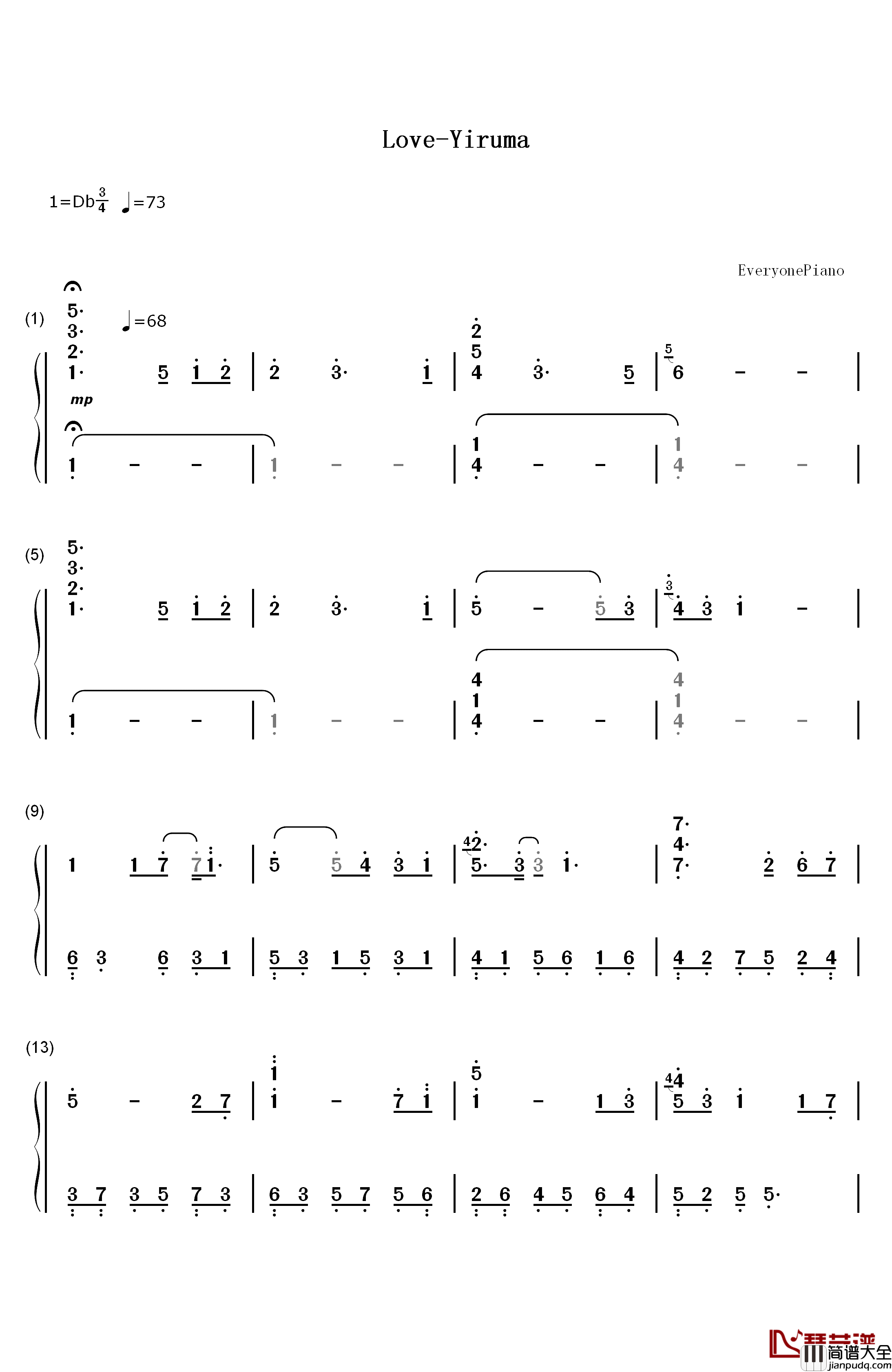 Love钢琴简谱_数字双手_李闰珉