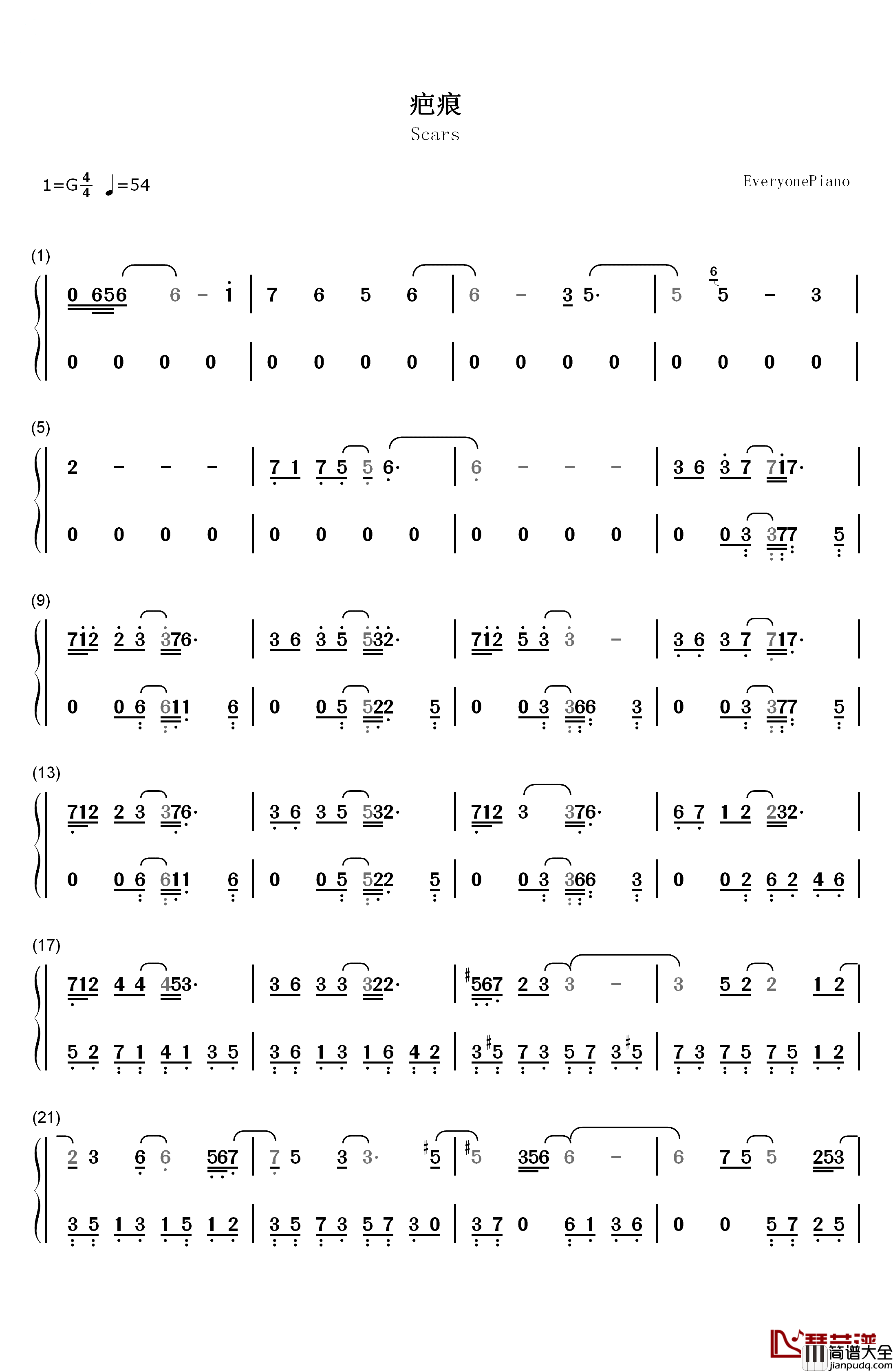 疤痕钢琴简谱_数字双手_麦振鸿