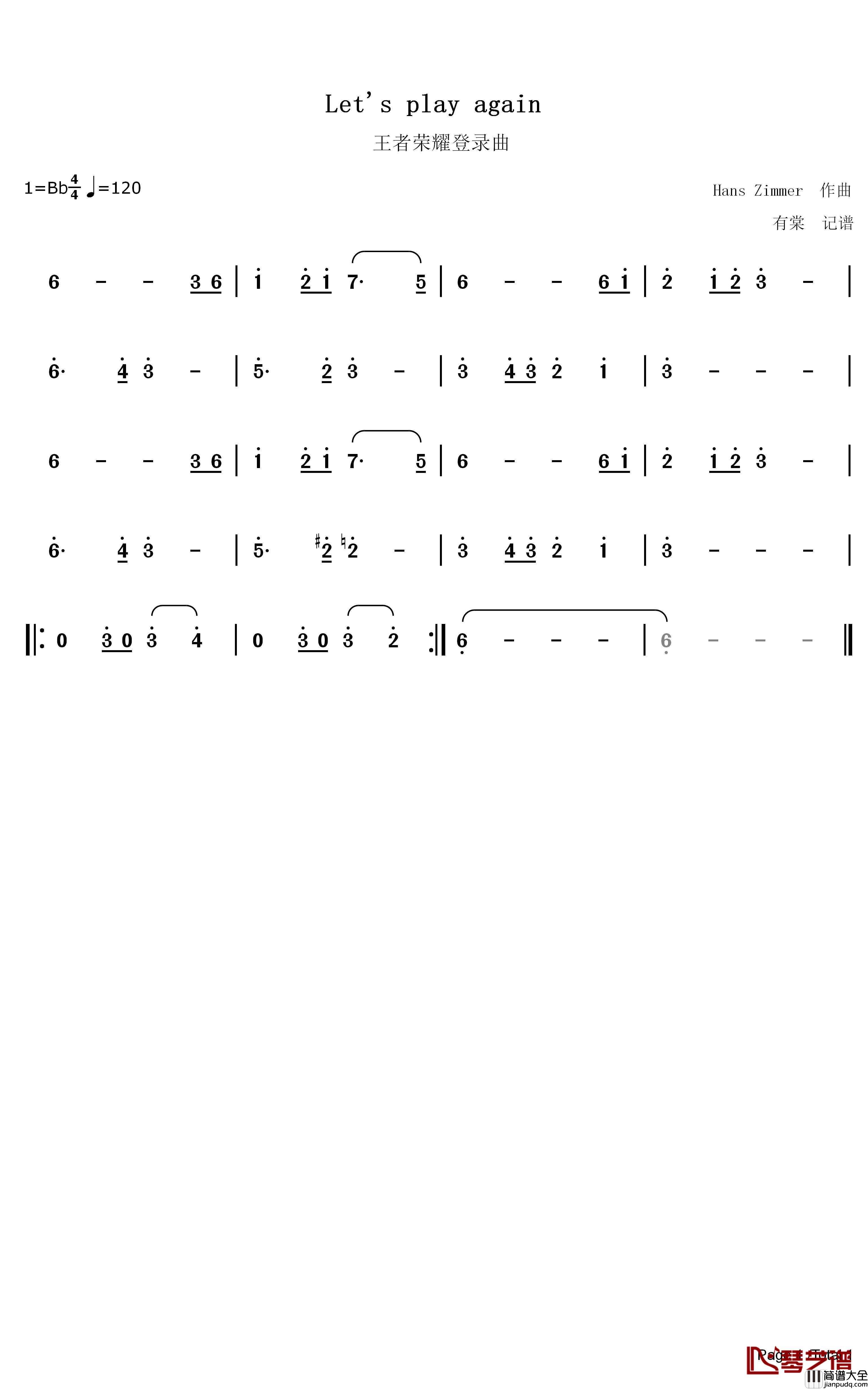Let's_Play_Again简谱__王者荣耀_登录曲主旋律简谱