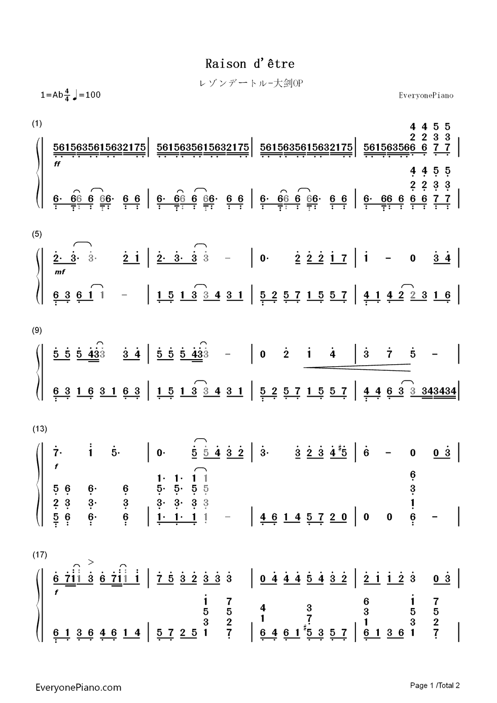 レゾンデートル钢琴简谱_数字双手_Nightmare（ナイトメア）