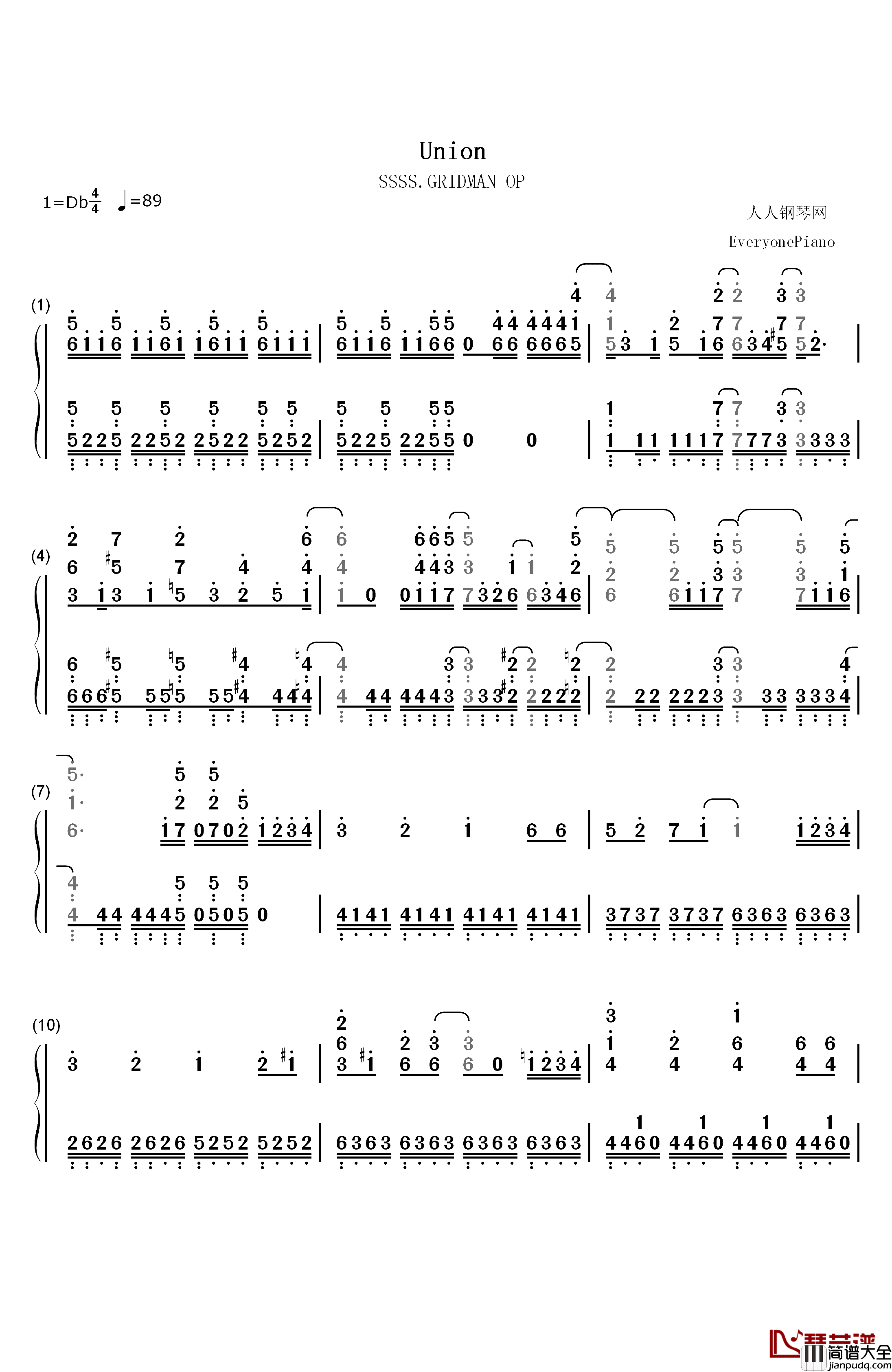 Union钢琴简谱_数字双手_OxT