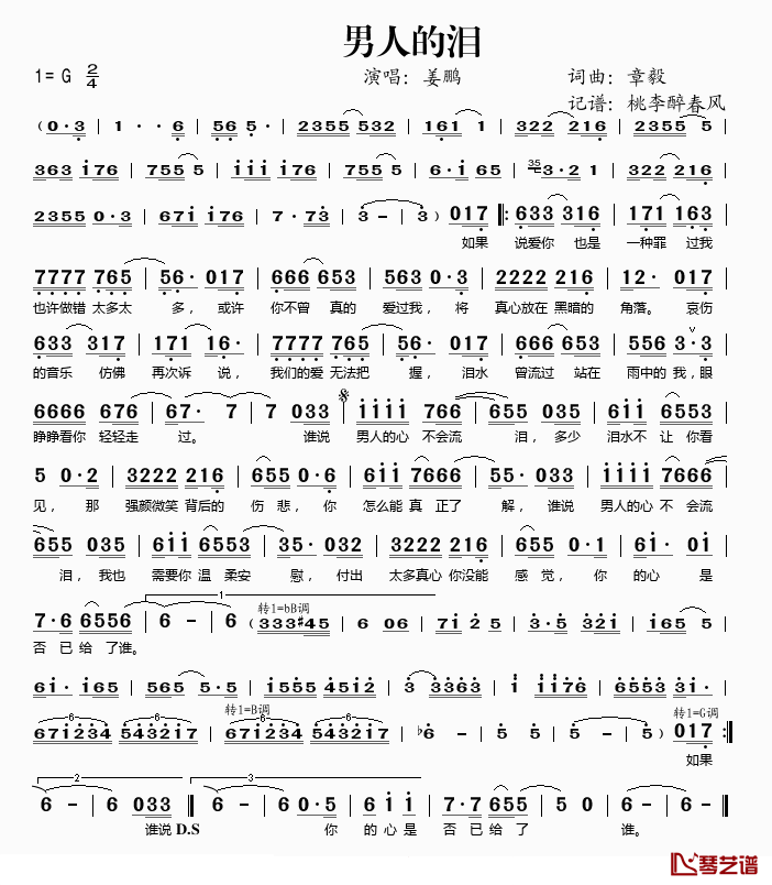 男人的泪简谱(歌词)_姜鹏演唱_桃李醉春风记谱
