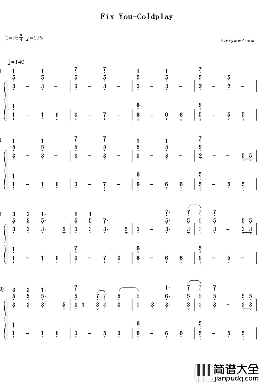 Fix_You钢琴简谱_数字双手_Coldplay