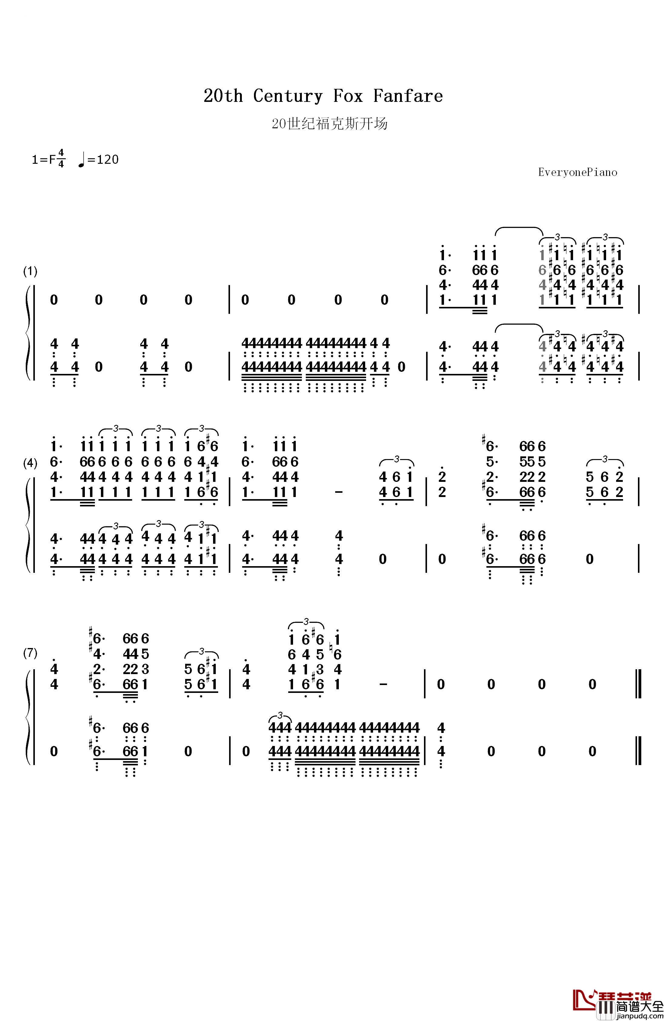 20世纪福克斯开场曲钢琴简谱_数字双手_20th_Century_Fox