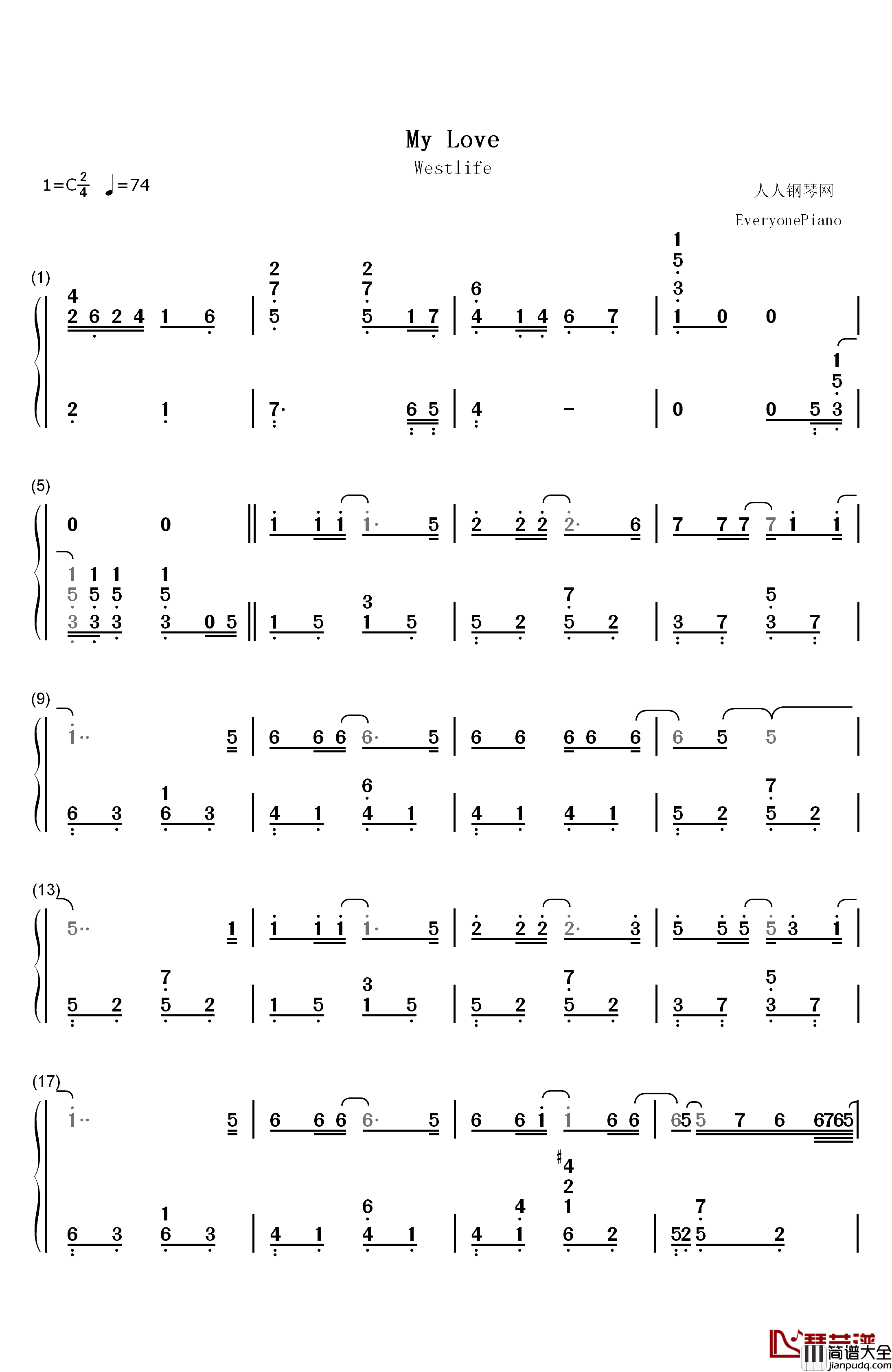 My_love钢琴简谱_数字双手_西城男孩__westlife
