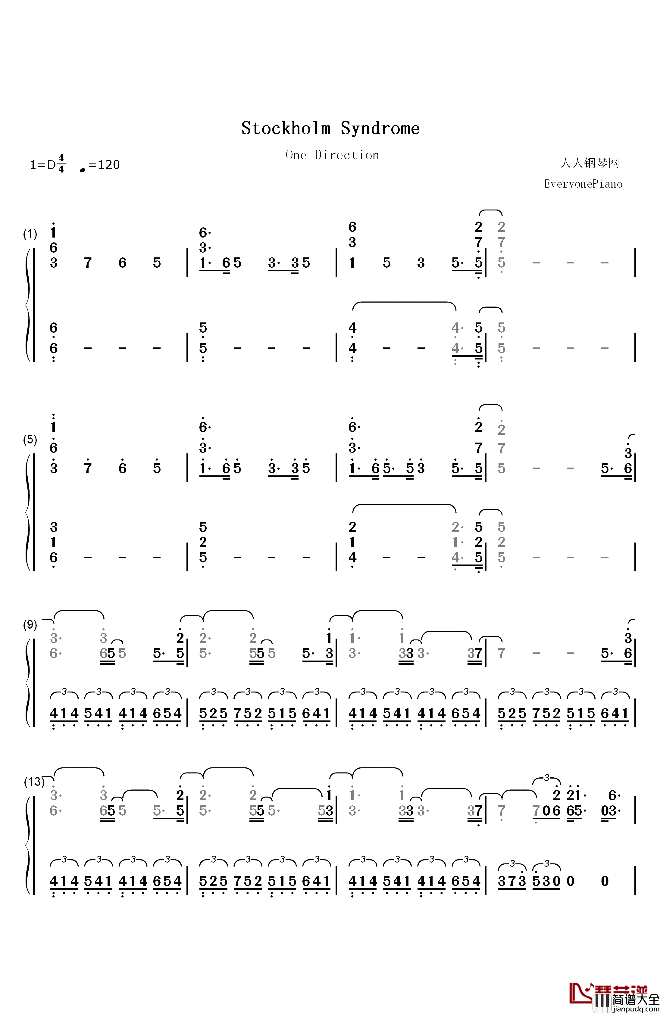 Stockholm_Syndrome钢琴简谱_数字双手_One_Direction