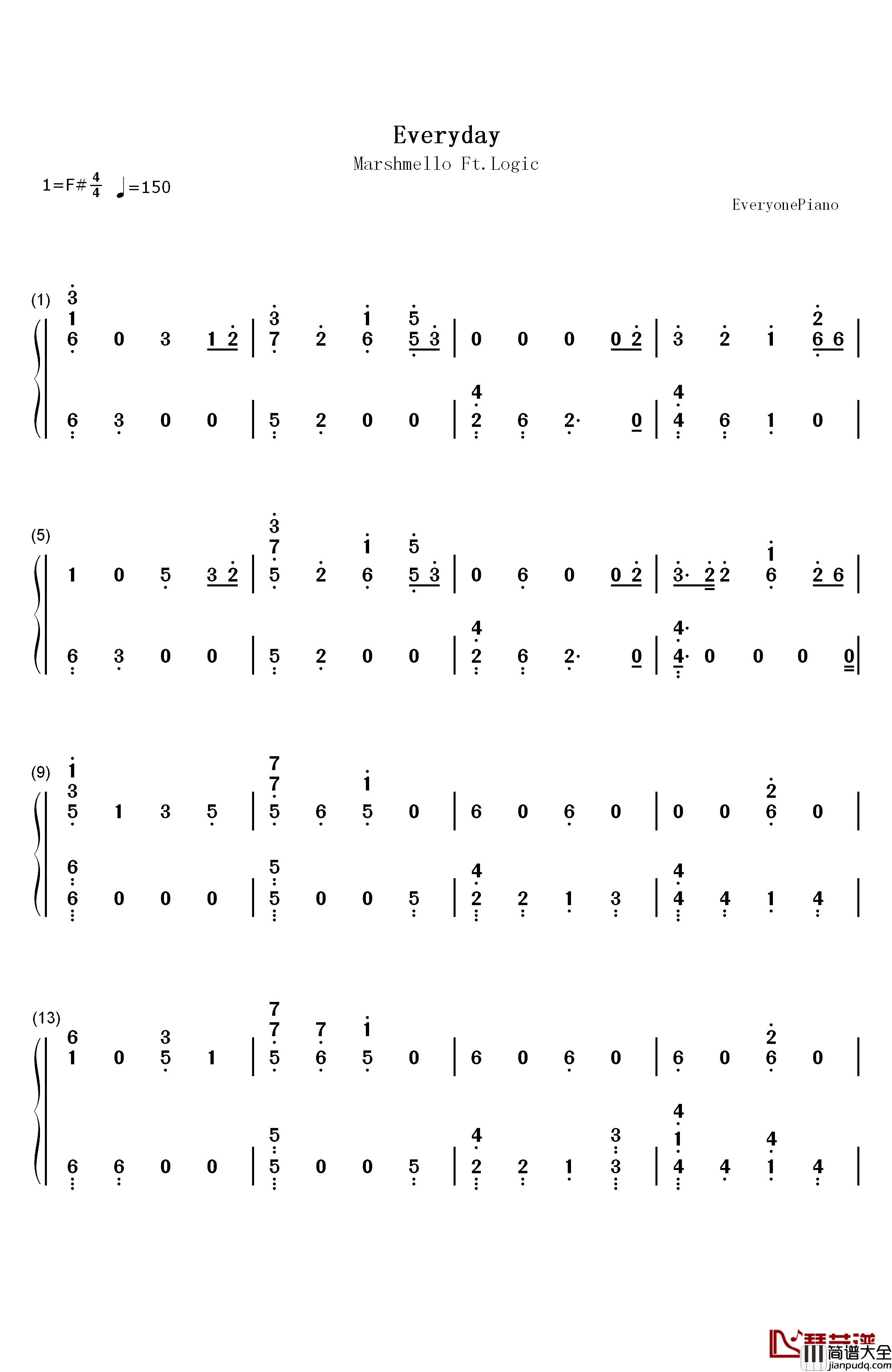 Everyday钢琴简谱_数字双手_Marshmello_Logic