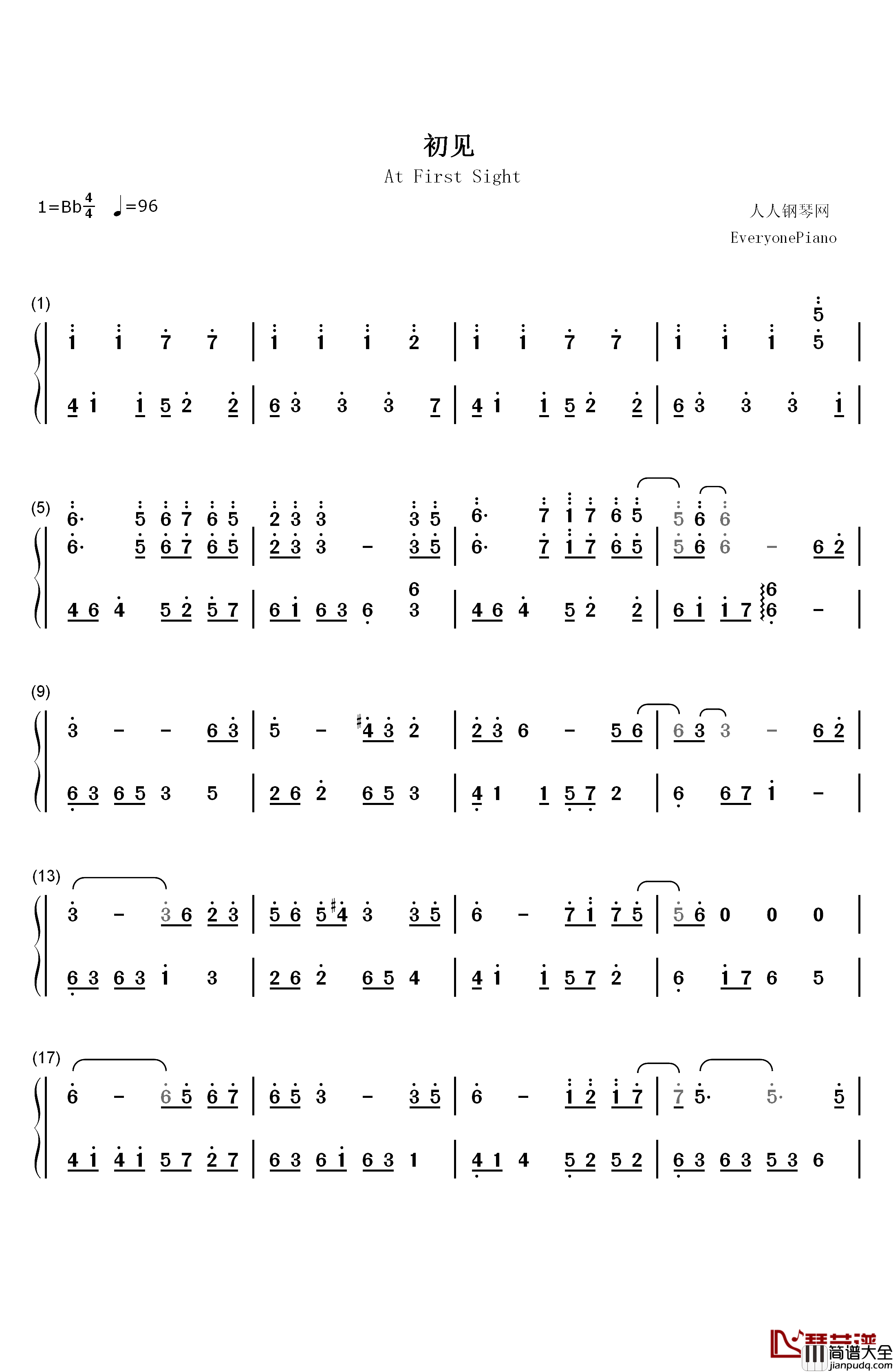 初见钢琴简谱_数字双手_余昭源_叶里