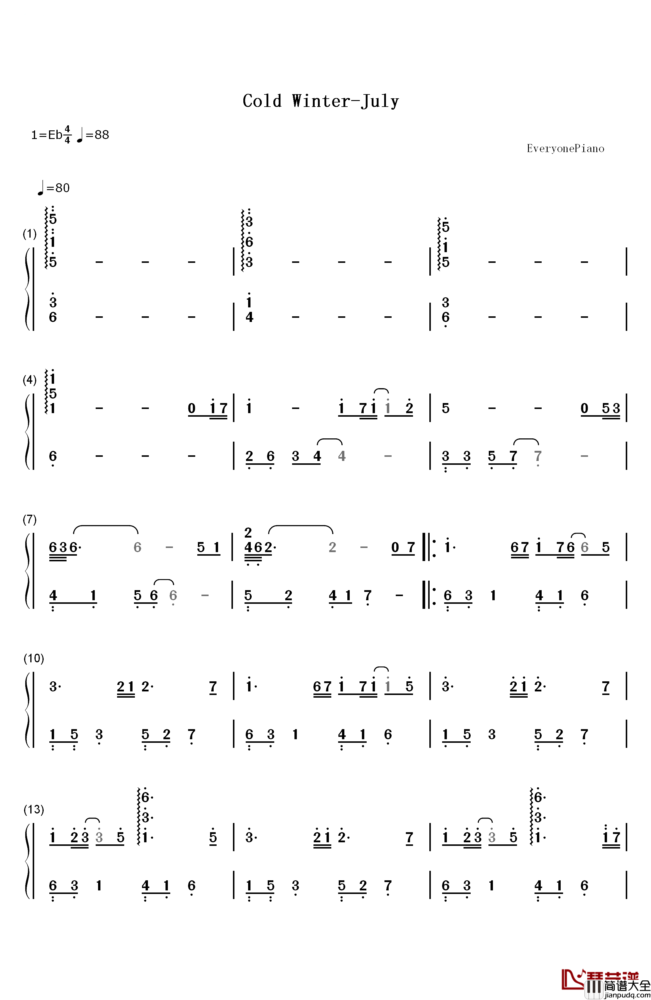 Cold_Winter钢琴简谱_数字双手_July