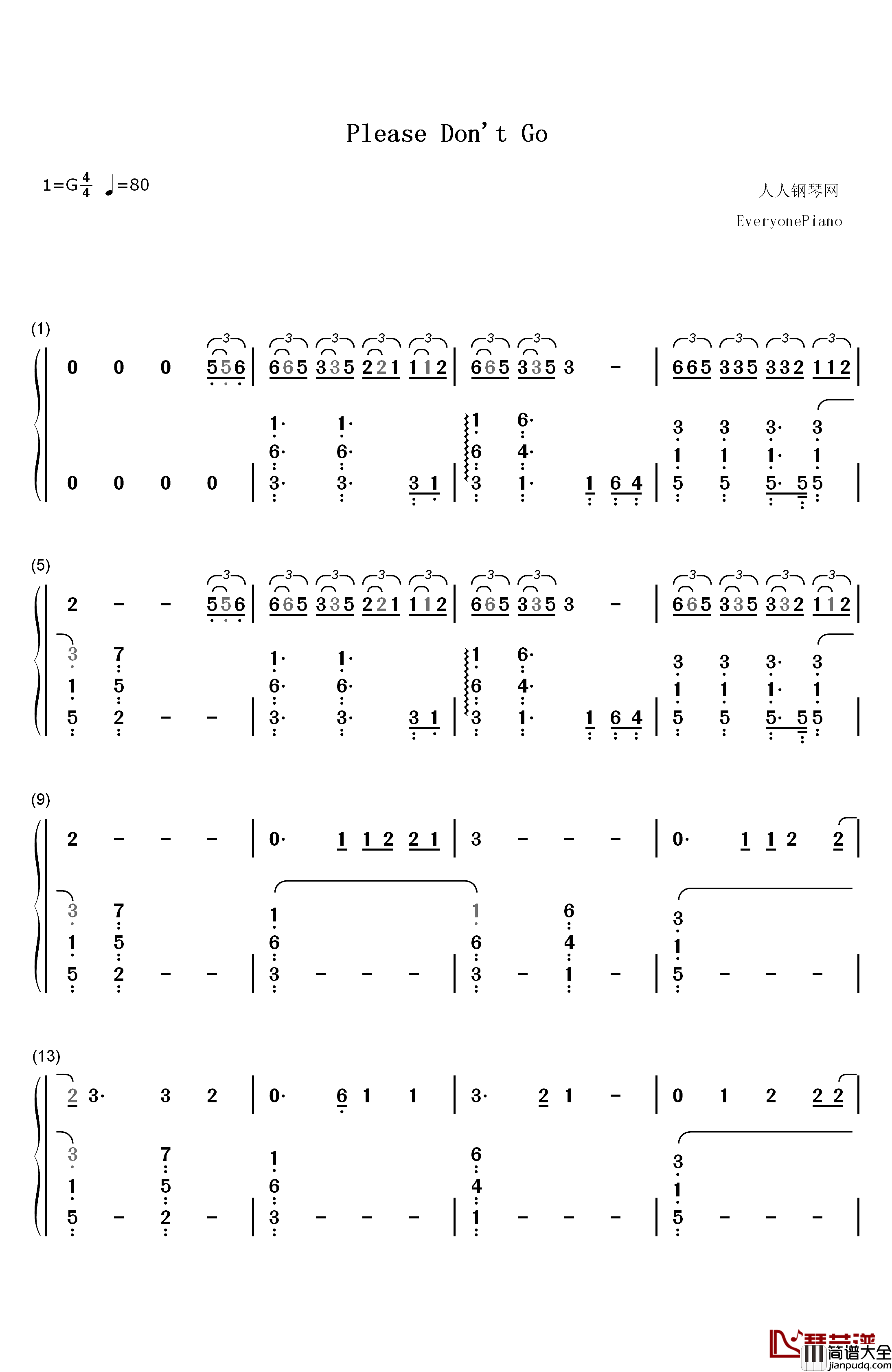 Please_Don't_Go钢琴简谱_数字双手_Joel_Adams