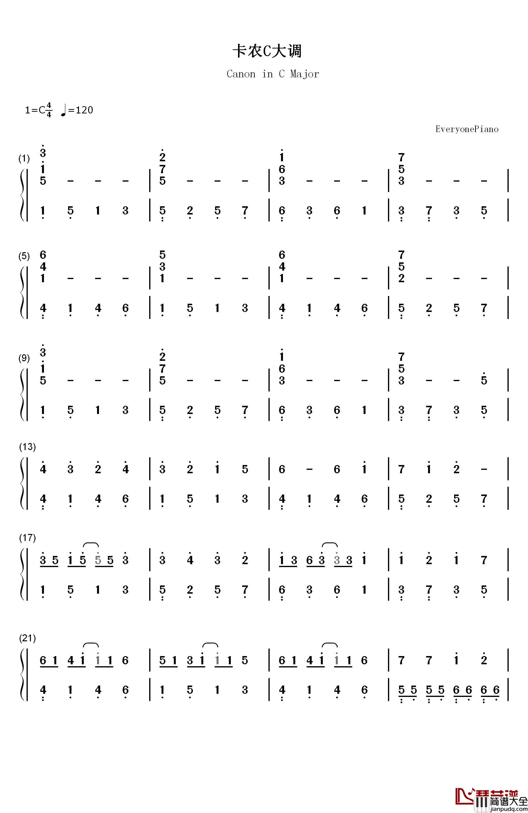 卡农C大调最简版钢琴简谱_数字双手_帕赫贝尔