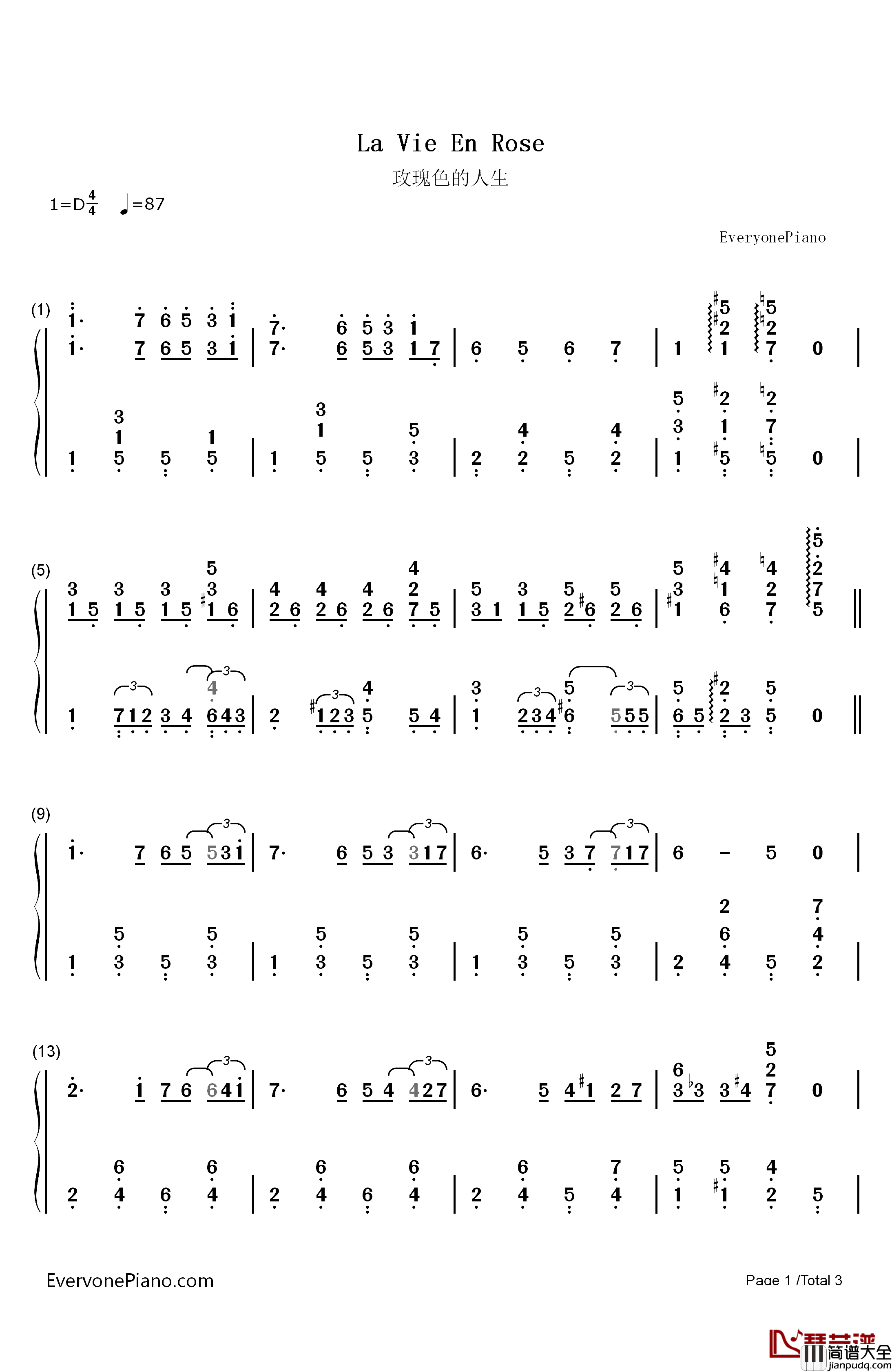 玫瑰色的人生钢琴简谱_数字双手_理查德·克莱德曼