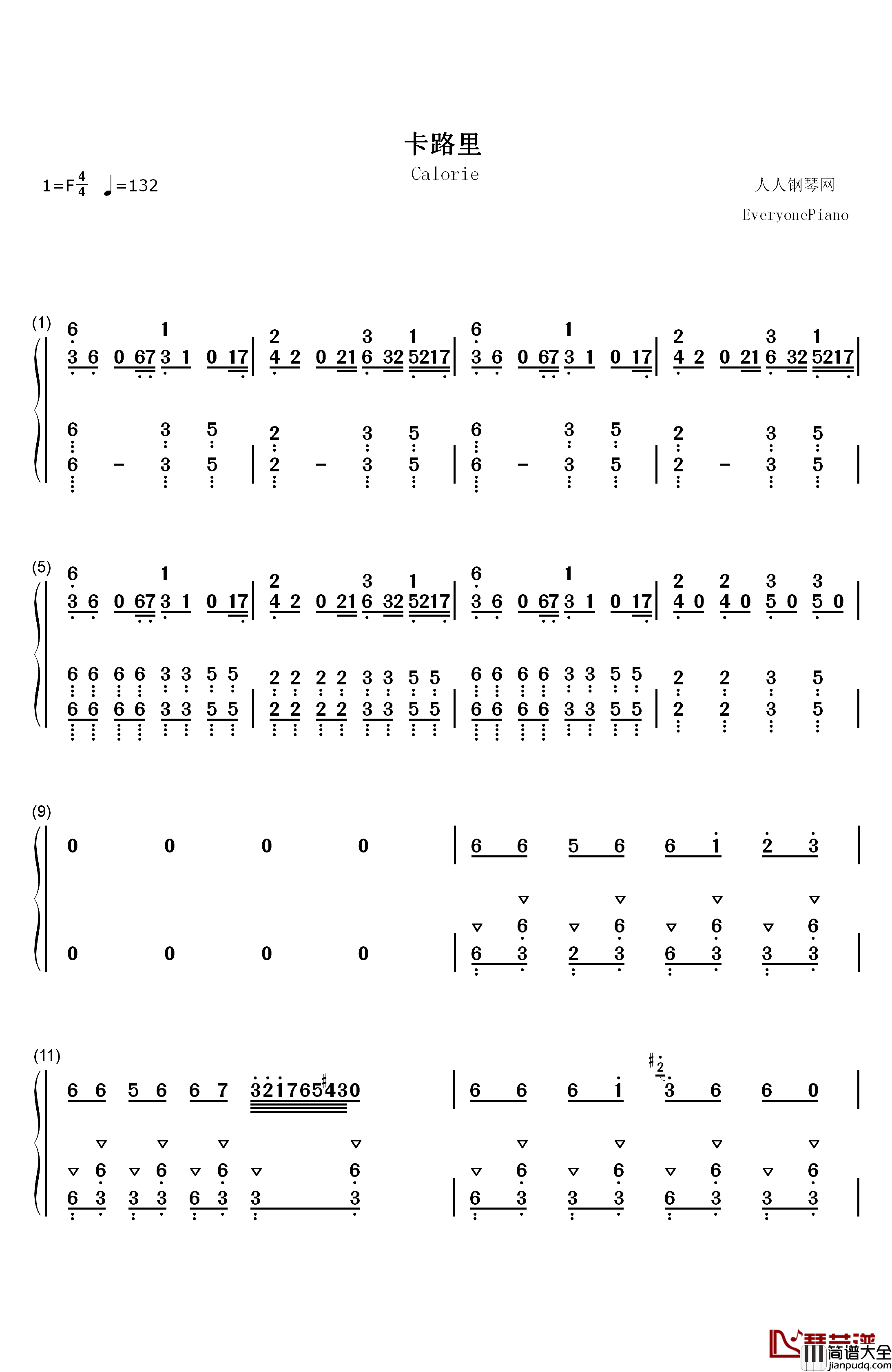 卡路里钢琴简谱_数字双手_火箭少女101