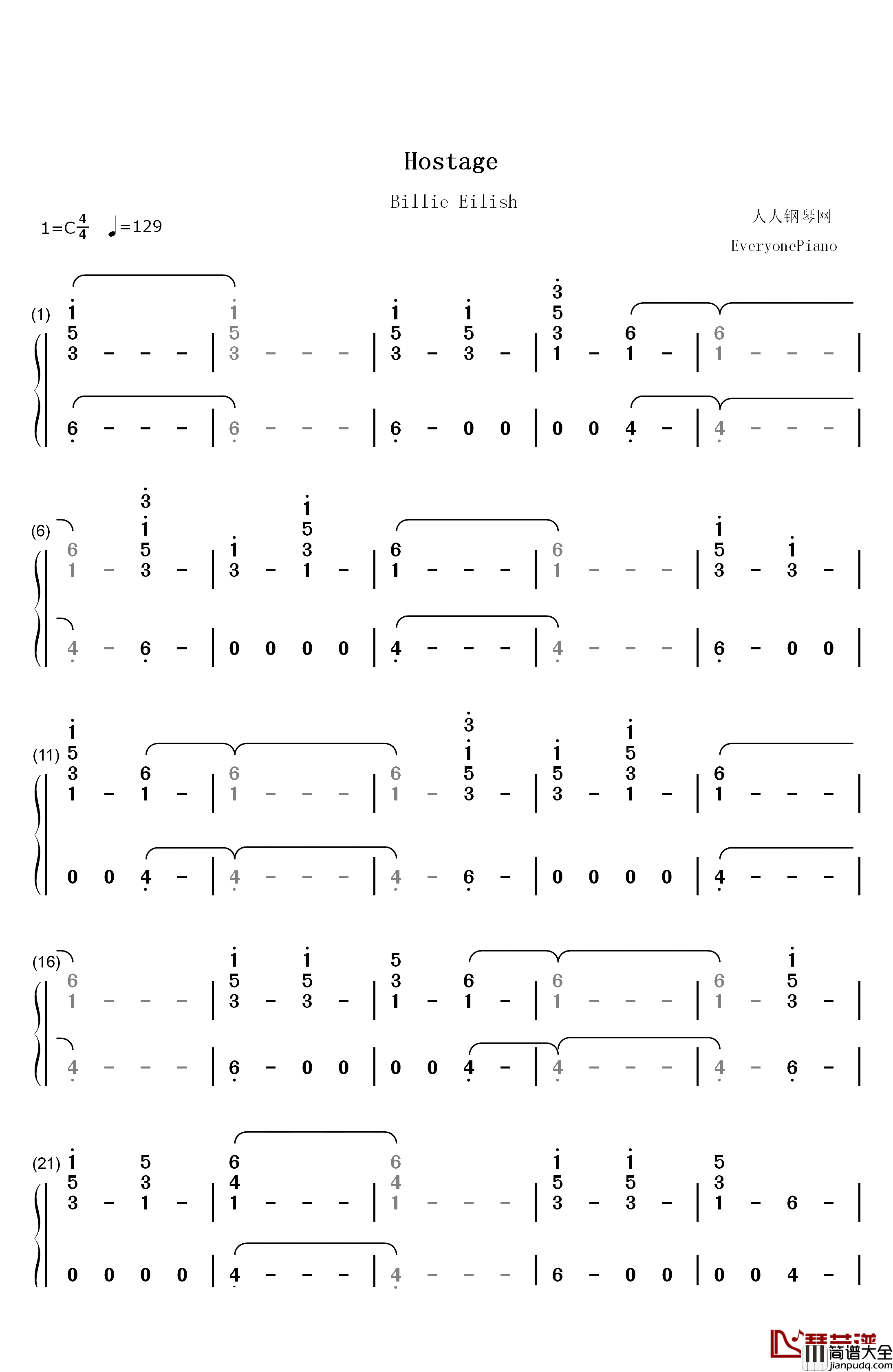 Hostage钢琴简谱_数字双手_Billie_Eilish